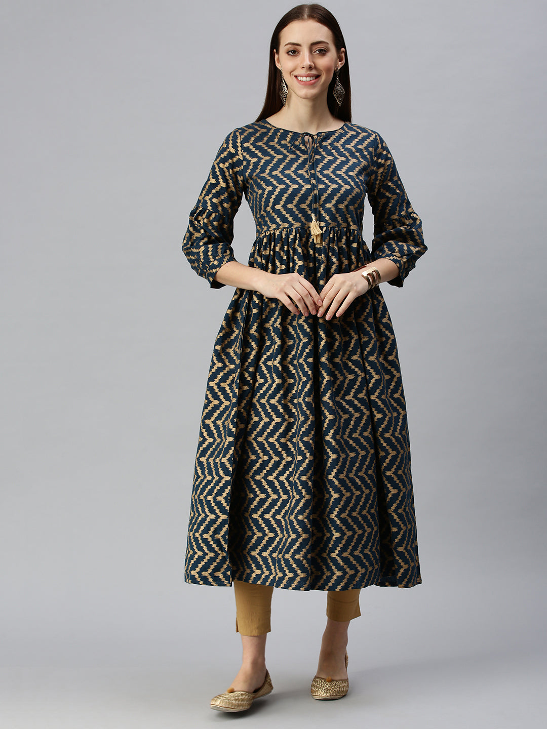 Women Woven Design Navy Blue A-Line Kurta