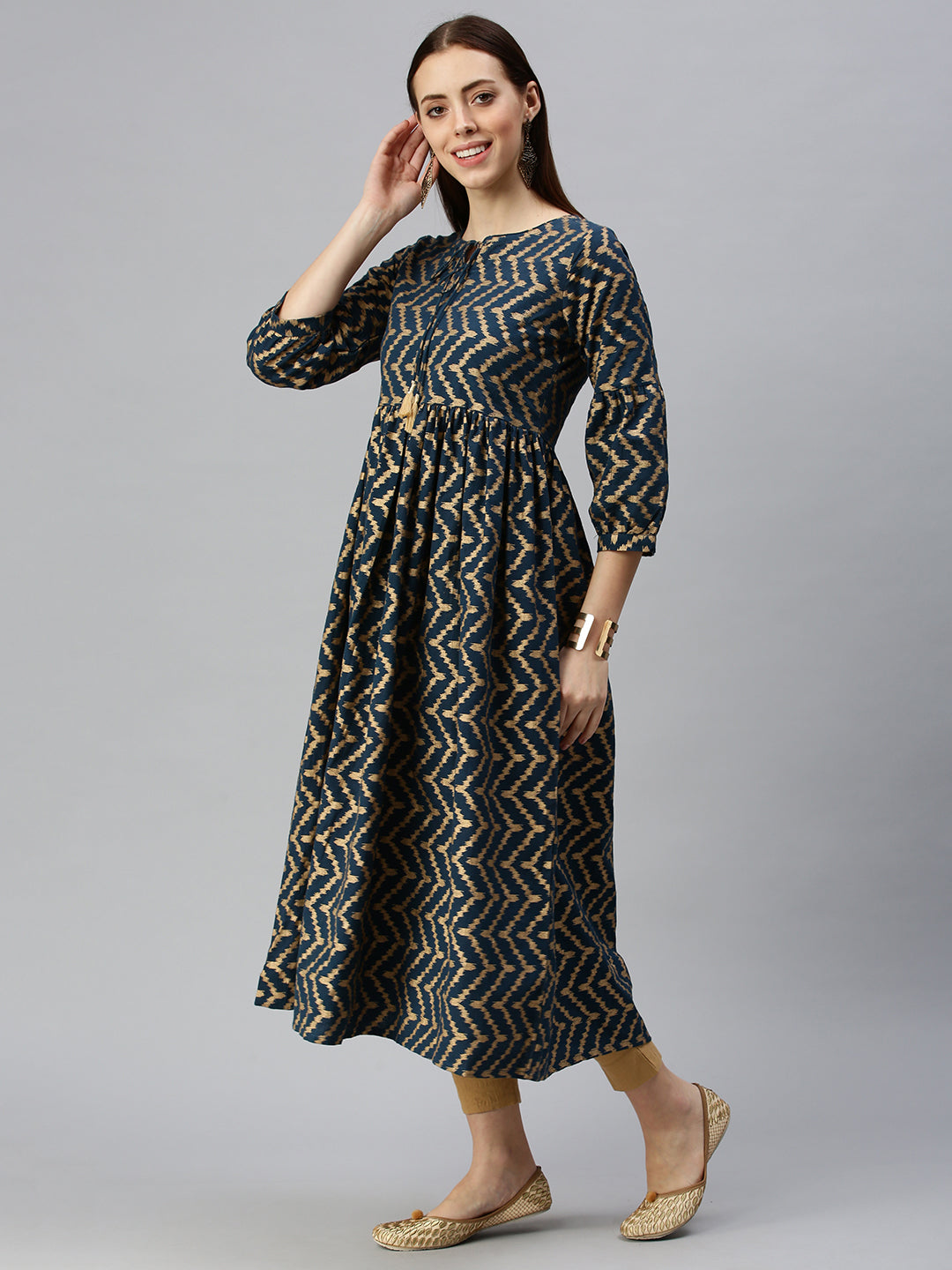 Women Woven Design Navy Blue A-Line Kurta