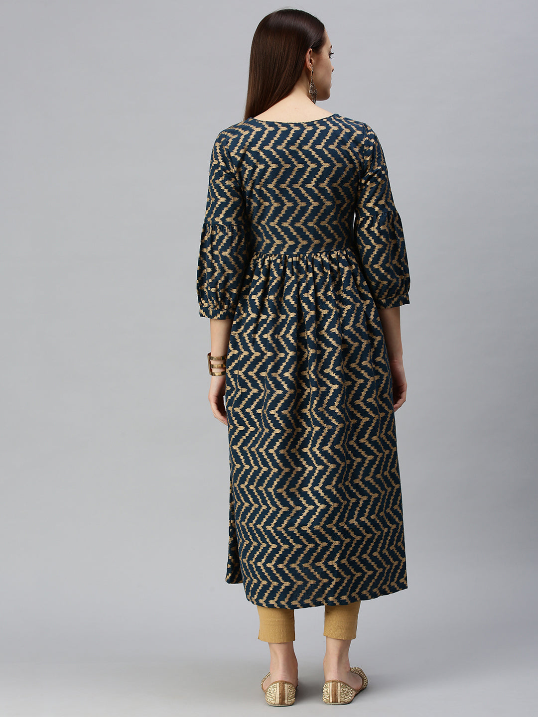 Women Woven Design Navy Blue A-Line Kurta