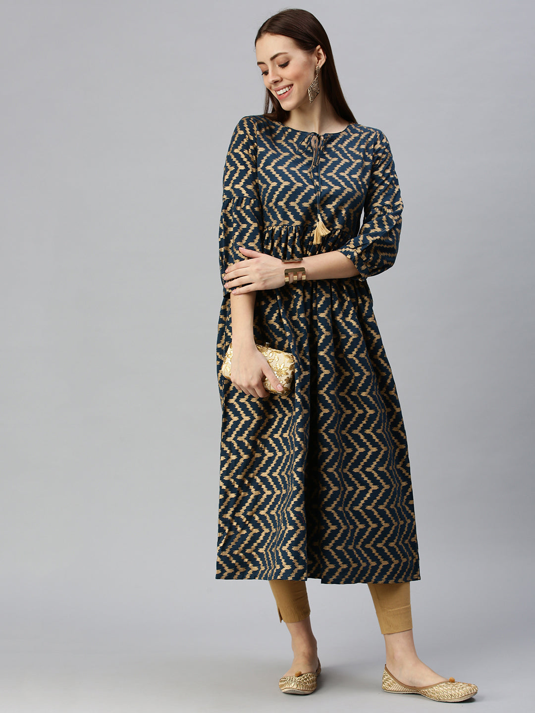 Women Woven Design Navy Blue A-Line Kurta