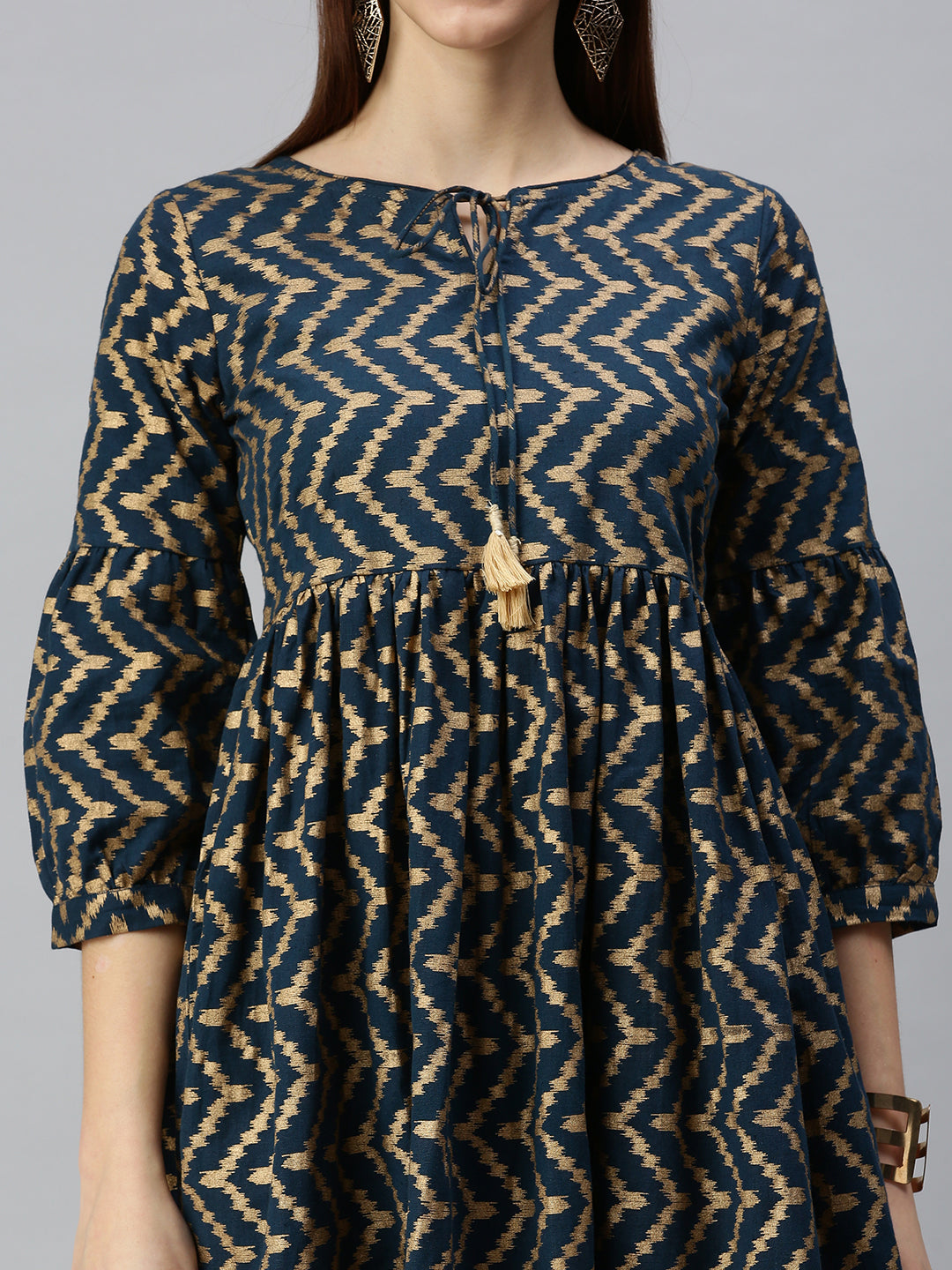 Women Woven Design Navy Blue A-Line Kurta