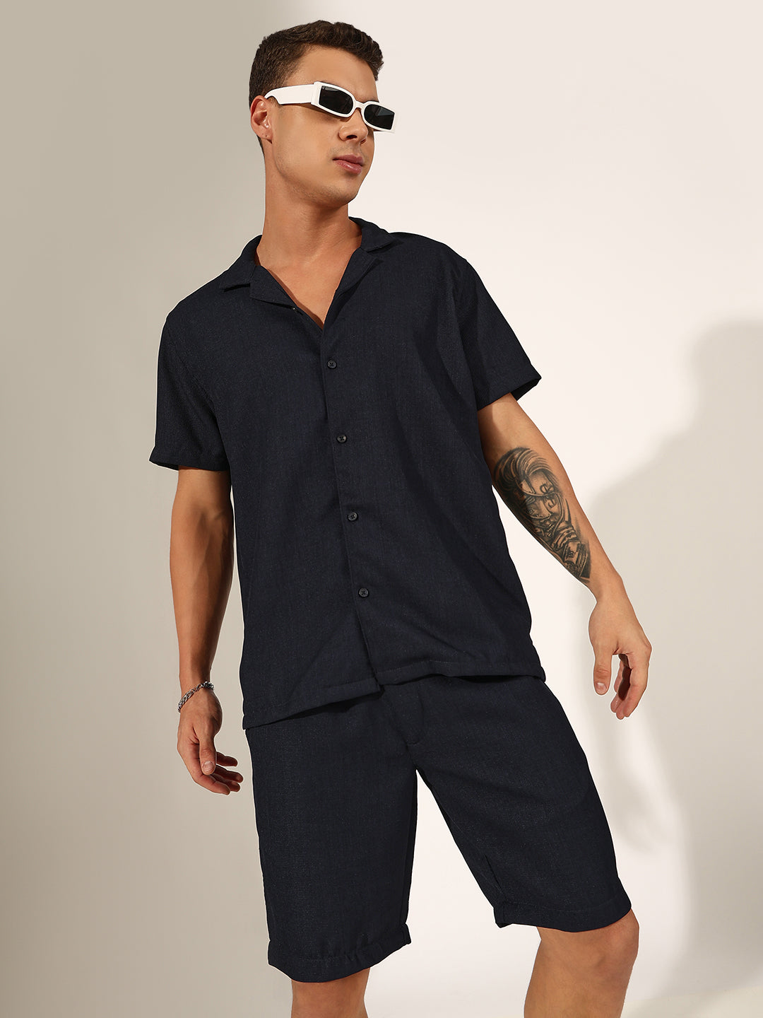 Men's Navy Blue Cuban Collar Shirt & Shorts Co-ord Set