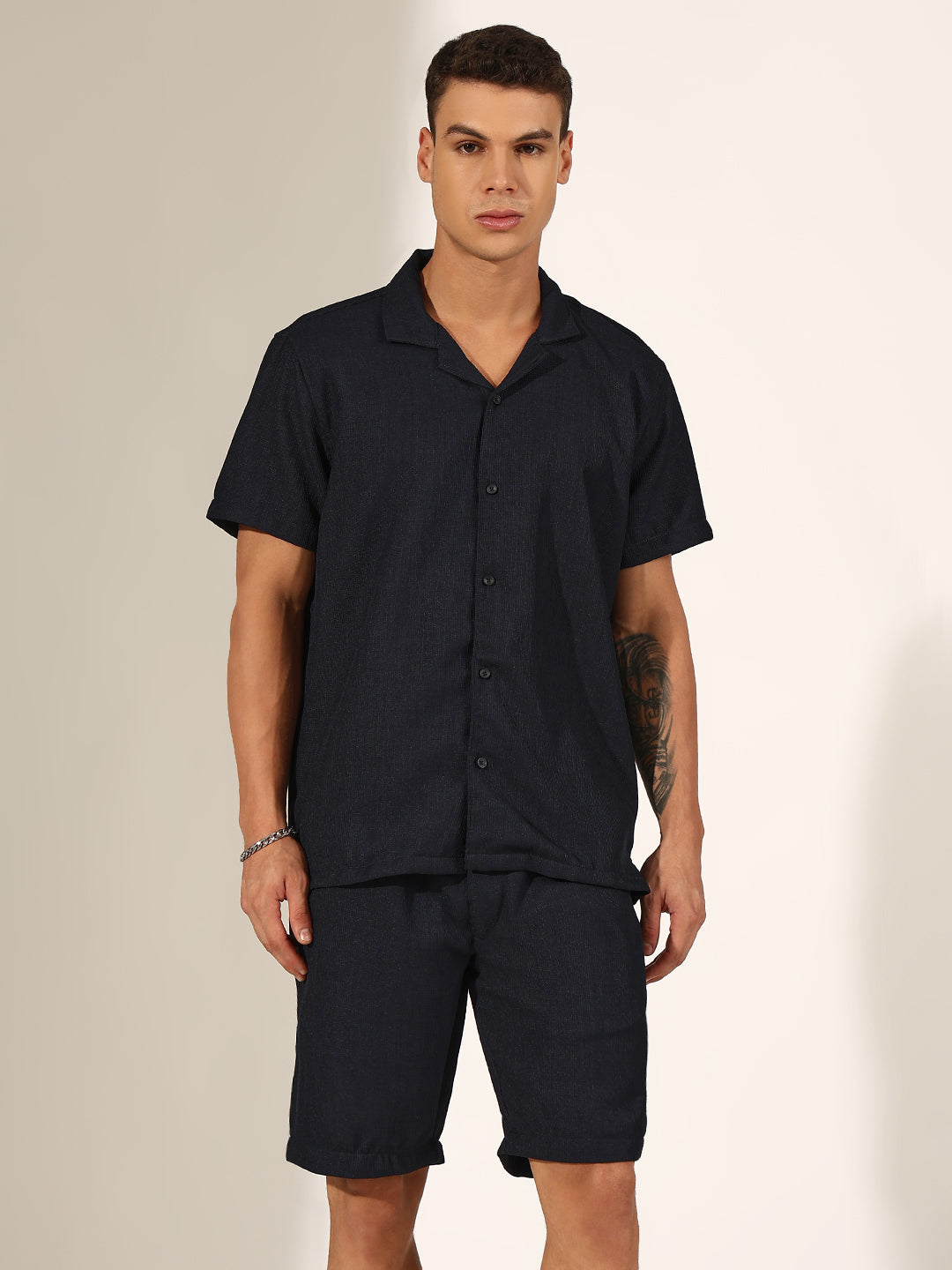 Men's Navy Blue Cuban Collar Shirt & Shorts Co-ord Set