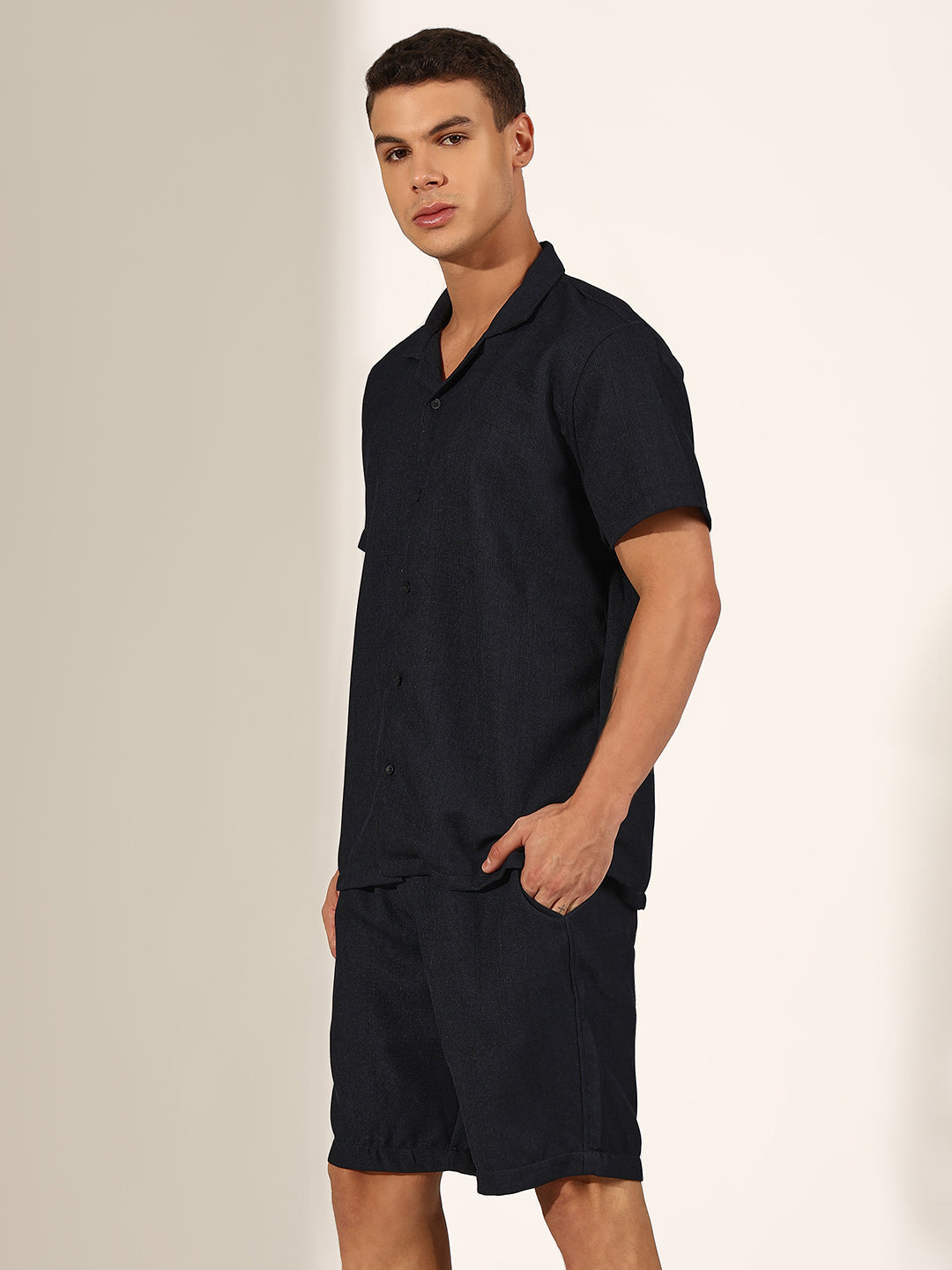 Men's Navy Blue Cuban Collar Shirt & Shorts Co-ord Set