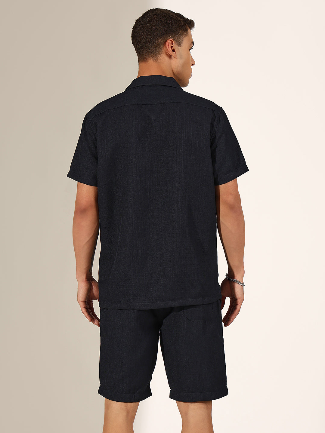 Men's Navy Blue Cuban Collar Shirt & Shorts Co-ord Set