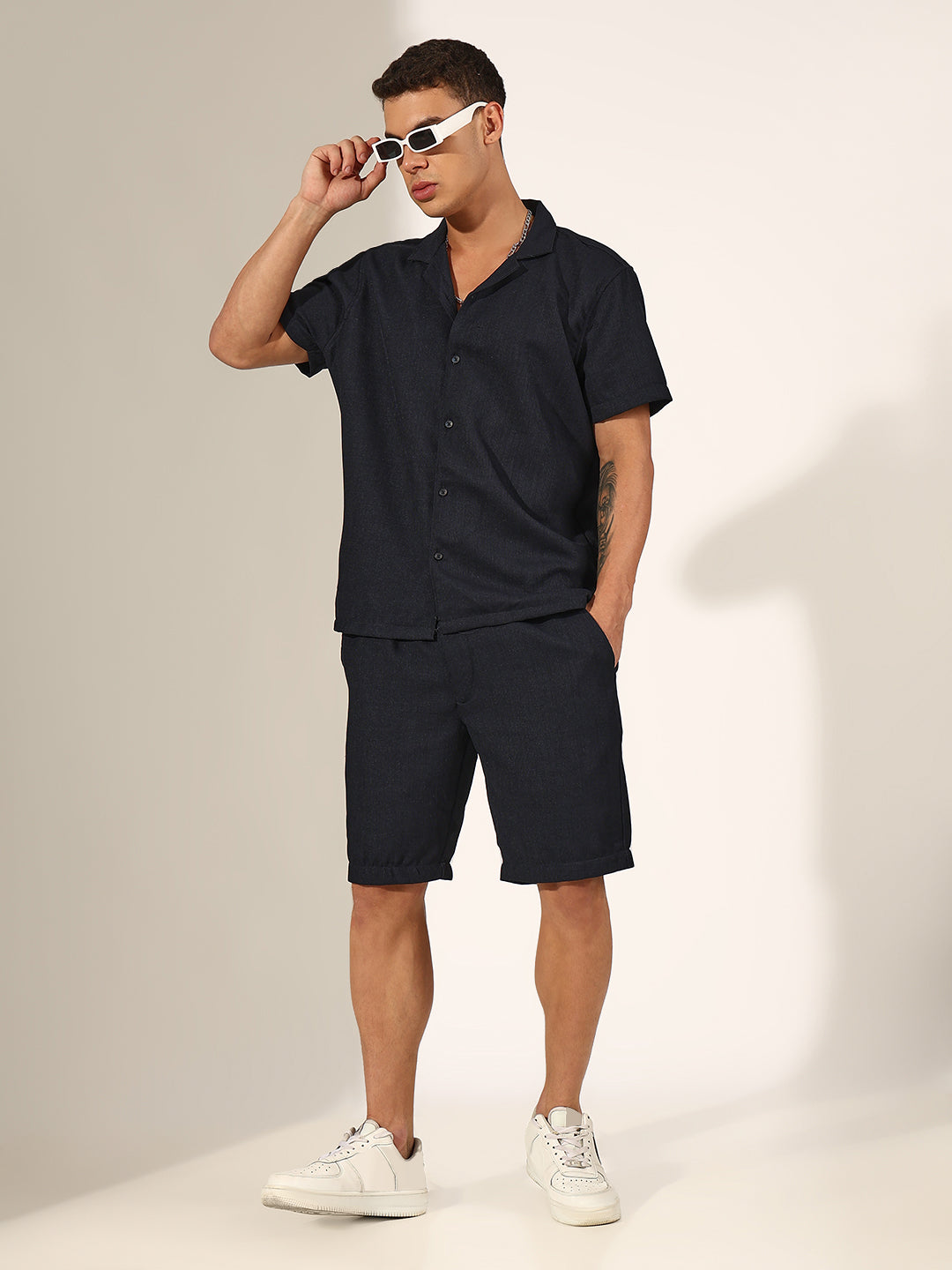 Men's Navy Blue Cuban Collar Shirt & Shorts Co-ord Set