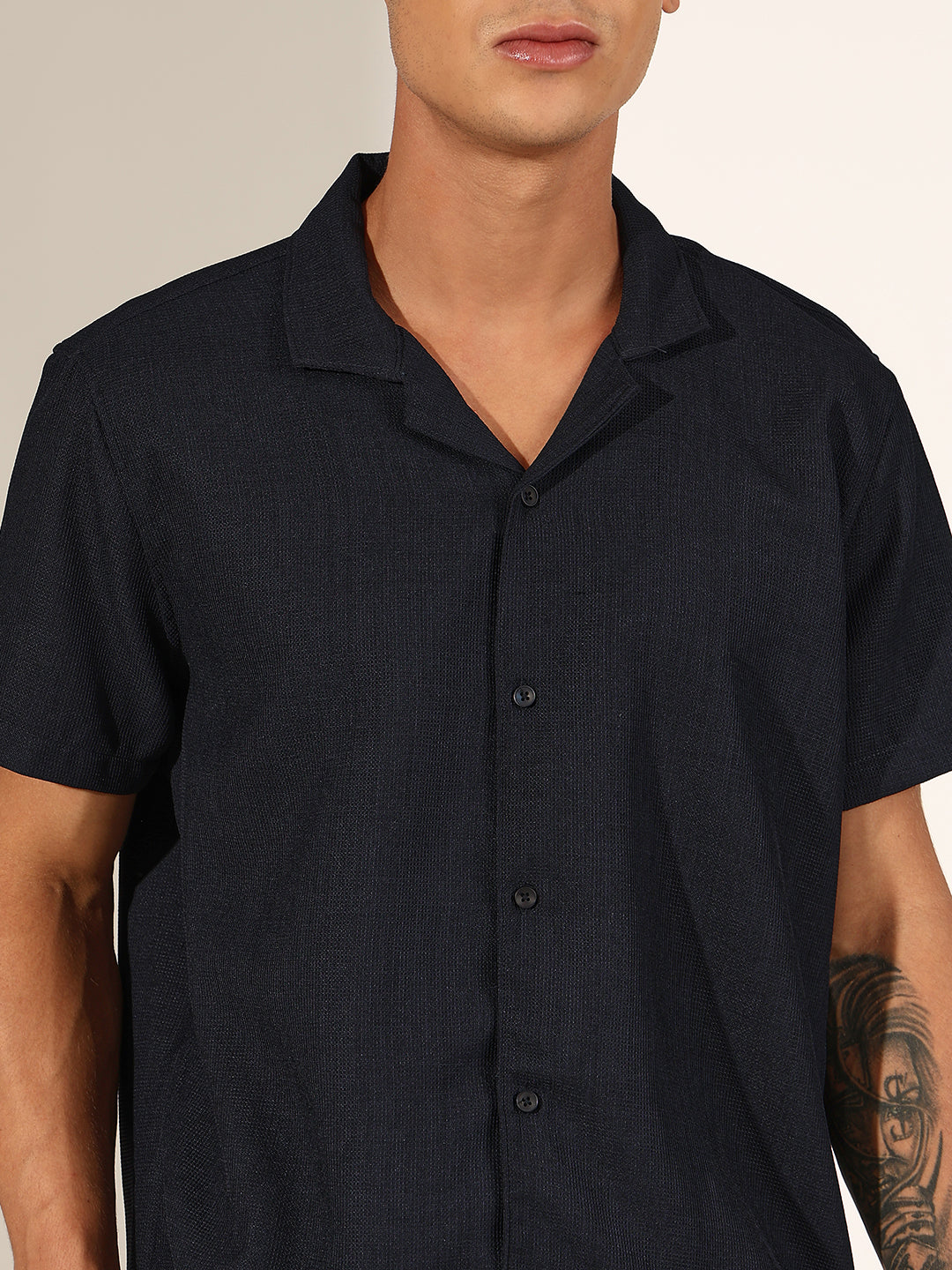 Men's Navy Blue Cuban Collar Shirt & Shorts Co-ord Set