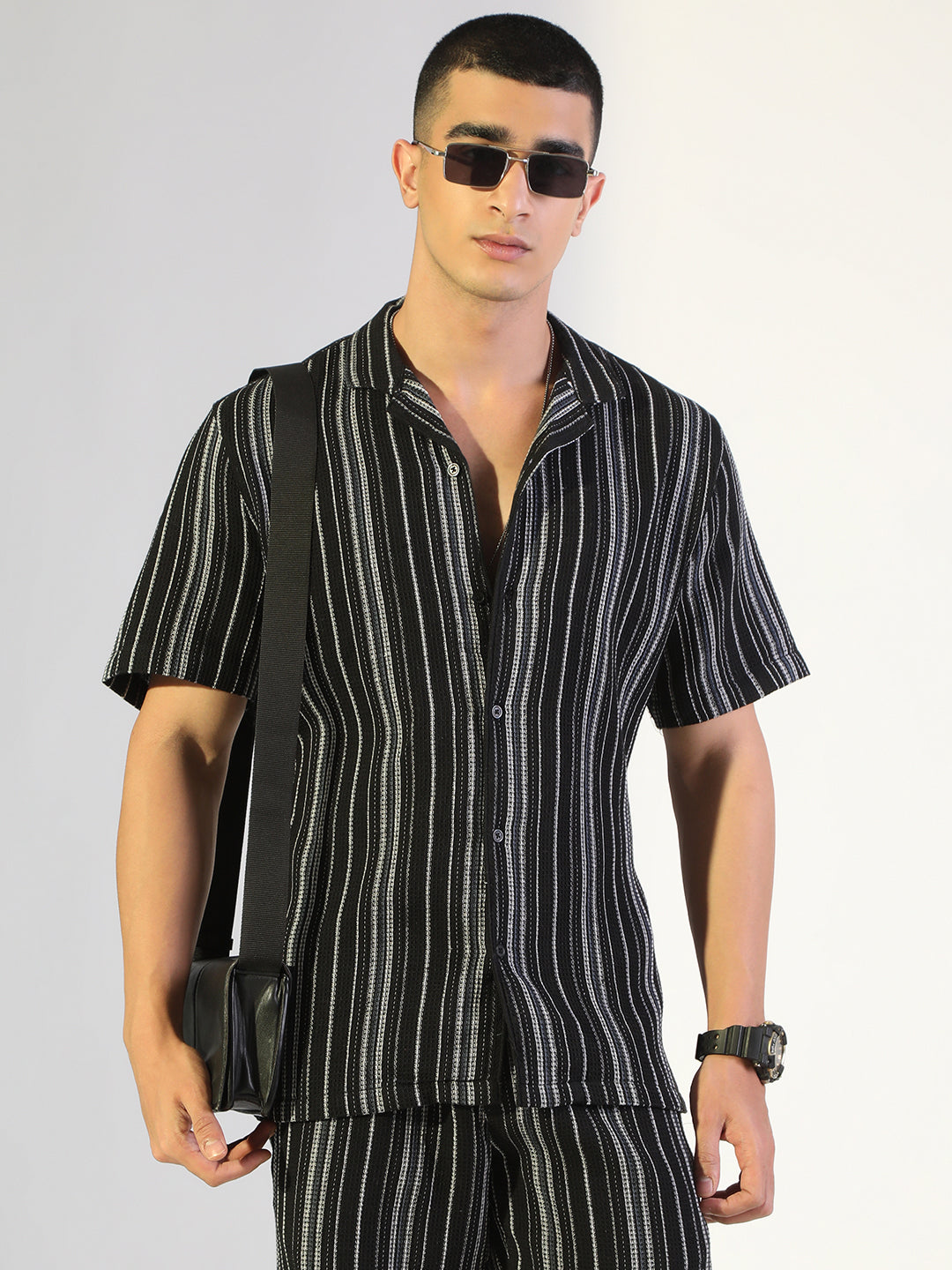 Men's Striped Black Relaxed Fit Cuban Collar Shirt & Casual Shorts Co-ord Set