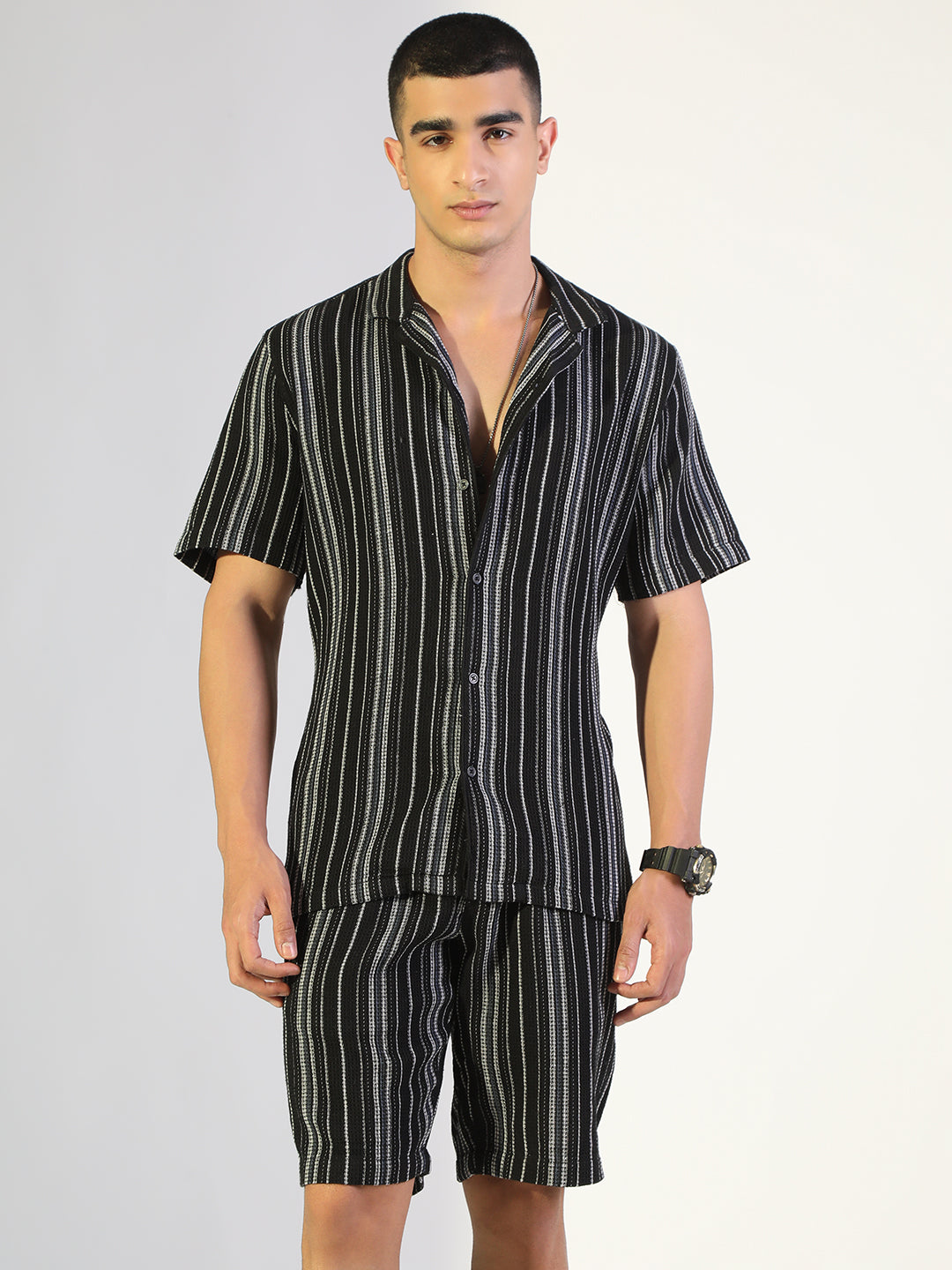 Men's Striped Black Relaxed Fit Cuban Collar Shirt & Casual Shorts Co-ord Set