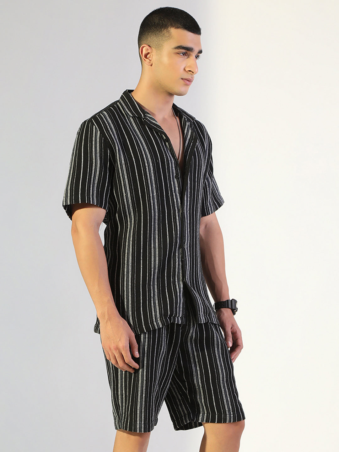 Men's Striped Black Relaxed Fit Cuban Collar Shirt & Casual Shorts Co-ord Set
