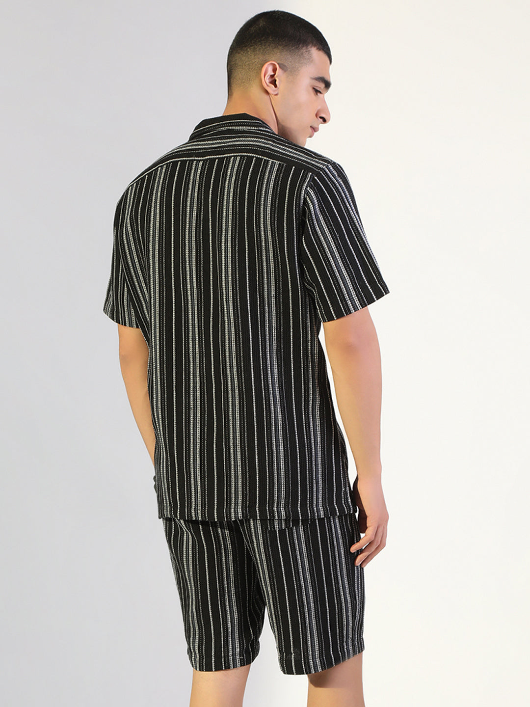 Men's Striped Black Relaxed Fit Cuban Collar Shirt & Casual Shorts Co-ord Set