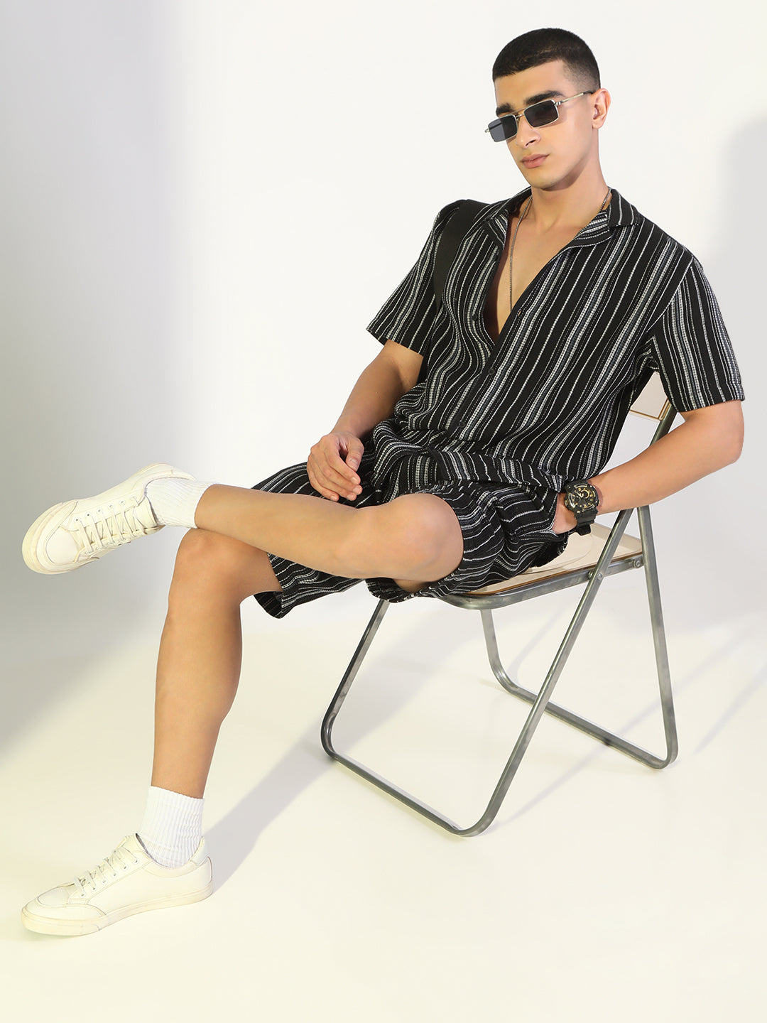 Men's Striped Black Relaxed Fit Cuban Collar Shirt & Casual Shorts Co-ord Set