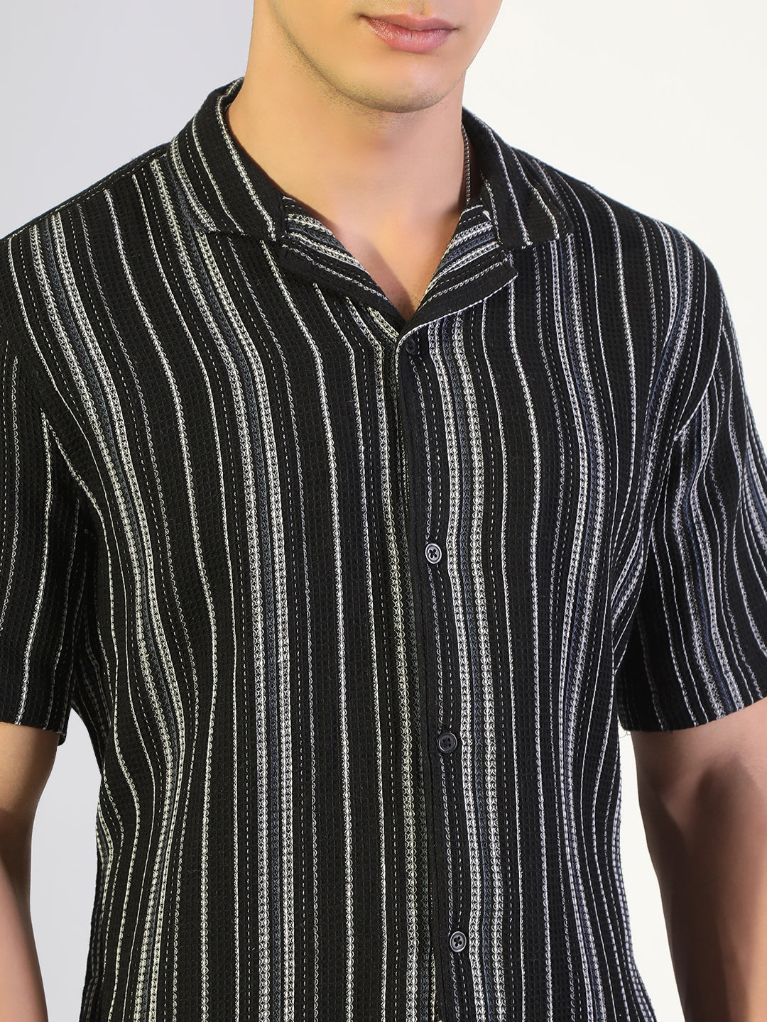 Men's Striped Black Relaxed Fit Cuban Collar Shirt & Casual Shorts Co-ord Set