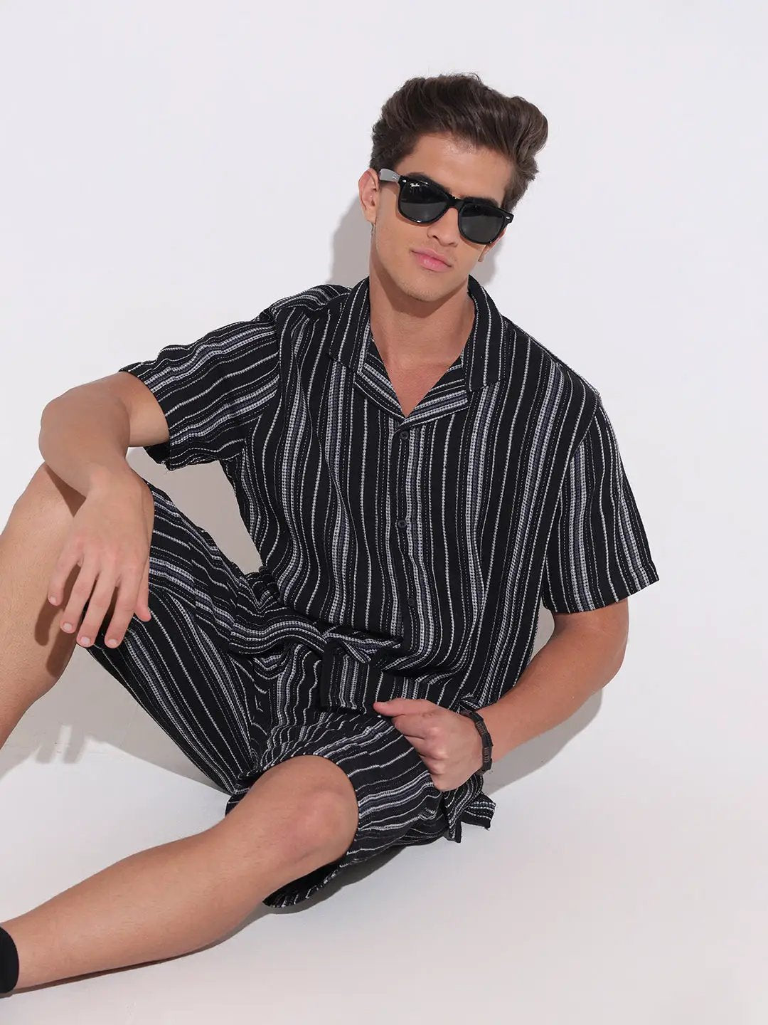 Men's Striped Black Relaxed Fit Cuban Collar Shirt & Shorts Co-ord Set - from SHOWOFFFF
