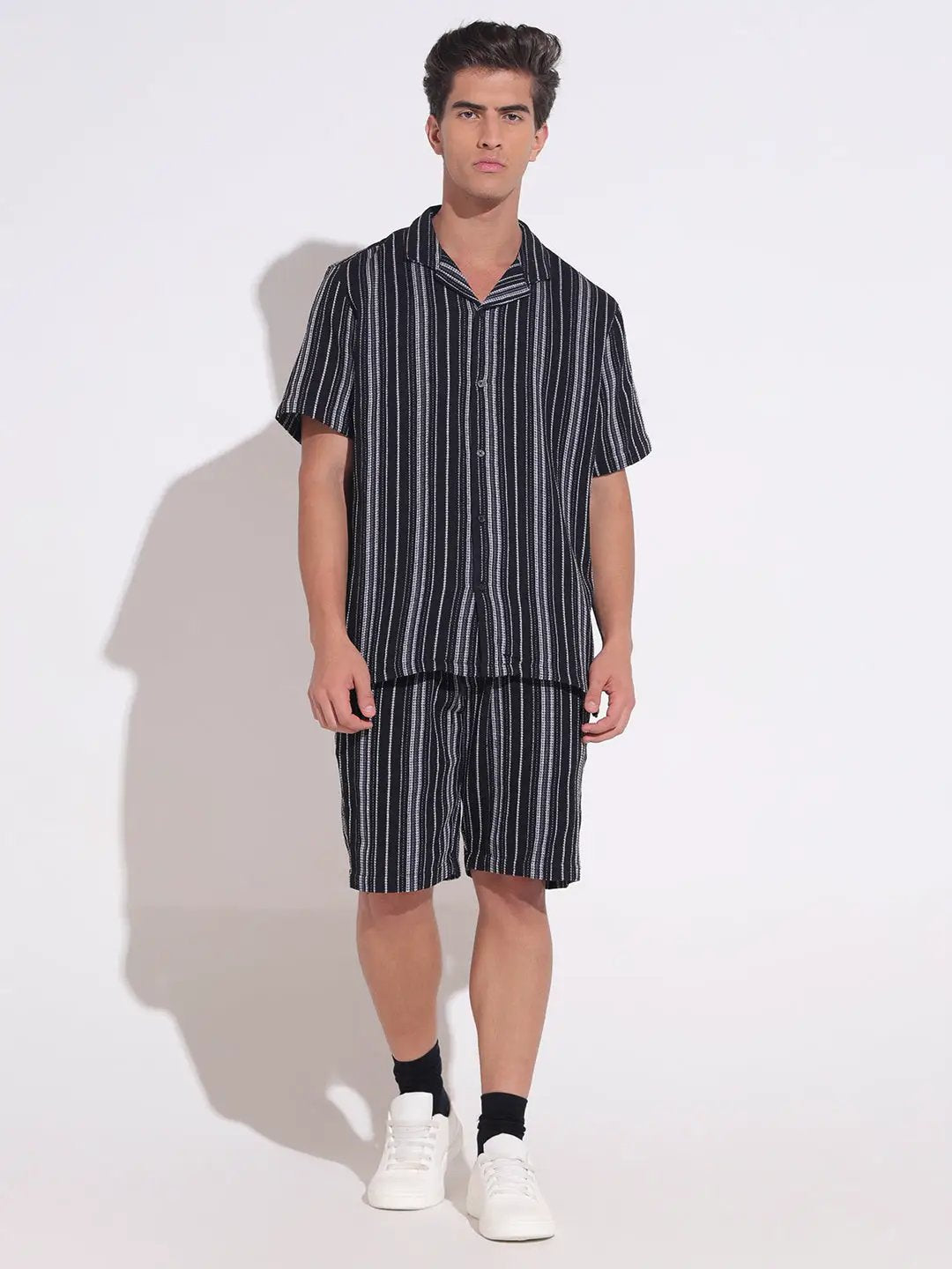 Men's Striped Black Relaxed Fit Cuban Collar Shirt & Shorts Co-ord Set - from SHOWOFFFF