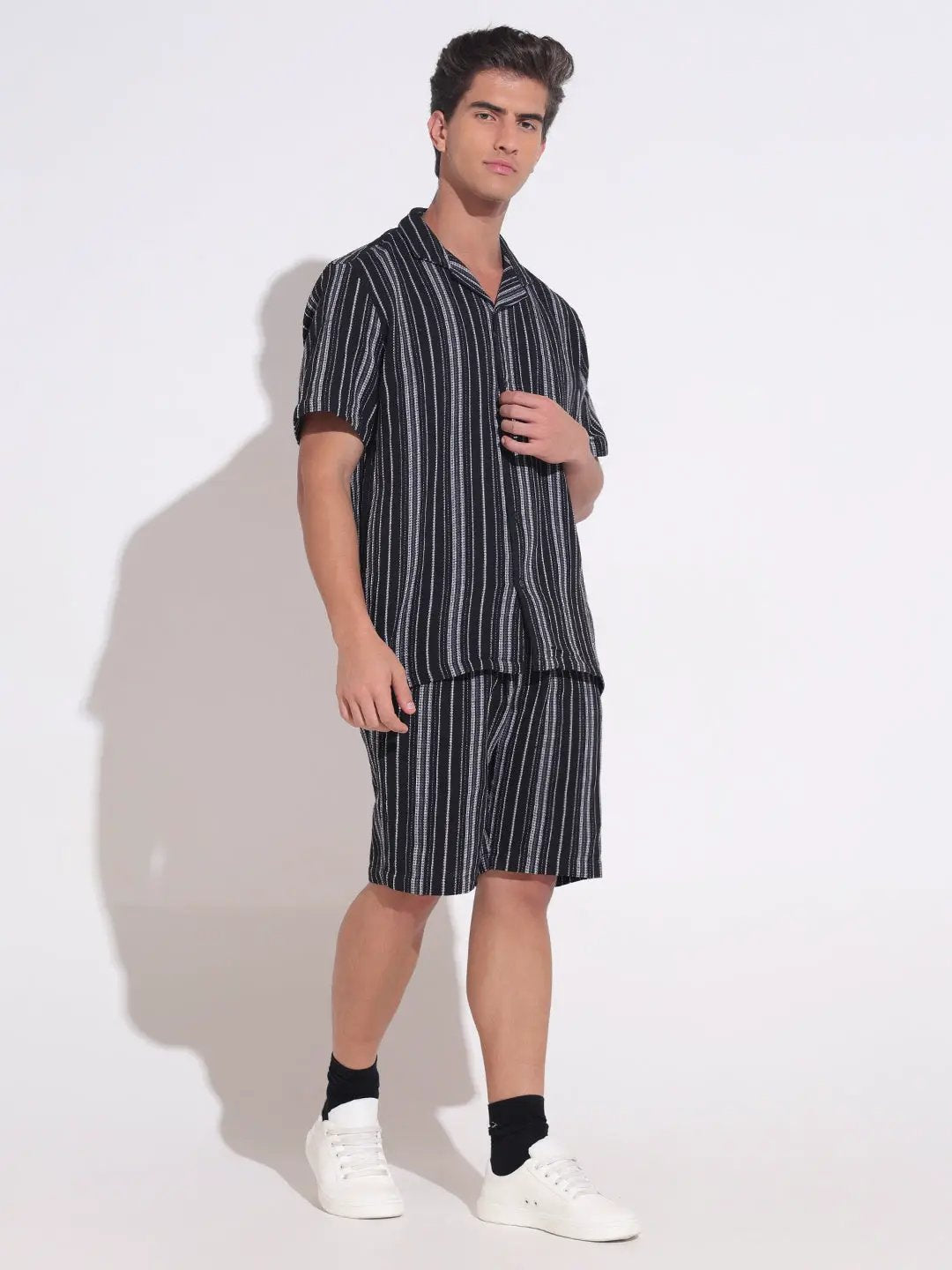 Men's Striped Black Relaxed Fit Cuban Collar Shirt & Shorts Co-ord Set - from SHOWOFFFF