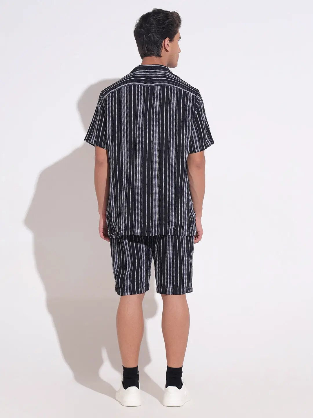 Men's Striped Black Relaxed Fit Cuban Collar Shirt & Shorts Co-ord Set - from SHOWOFFFF