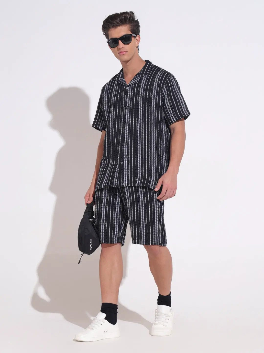 Men's Striped Black Relaxed Fit Cuban Collar Shirt & Shorts Co-ord Set - from SHOWOFFFF