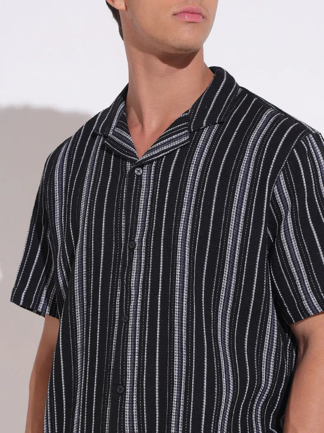 Men's Striped Black Relaxed Fit Cuban Collar Shirt & Shorts Co-ord Set - from SHOWOFFFF