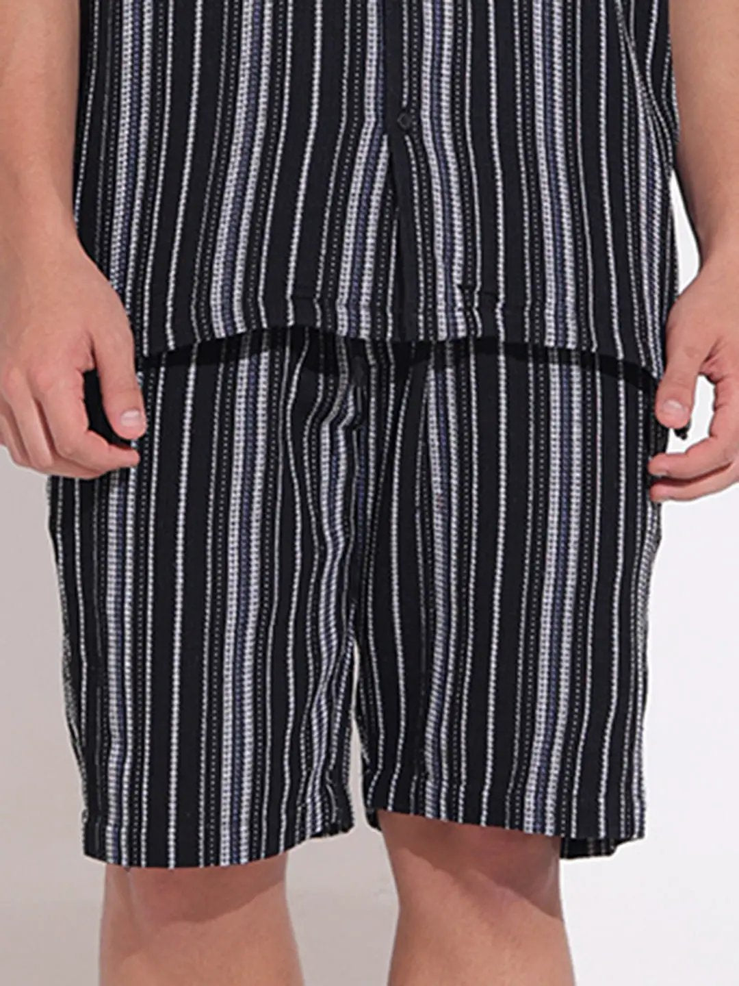 Men's Striped Black Relaxed Fit Cuban Collar Shirt & Shorts Co-ord Set - from SHOWOFFFF