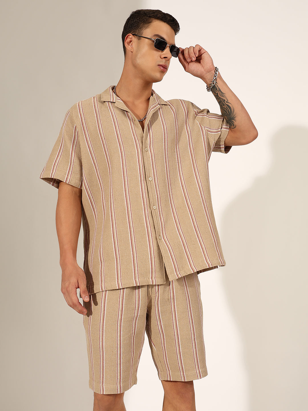 Men's Striped Beige Cuban Collar Shirt & Shorts Co-ord Set