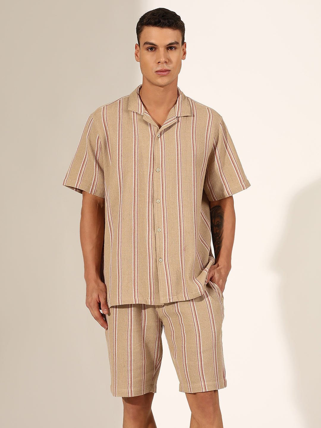 Men's Striped Beige Cuban Collar Shirt & Shorts Co-ord Set