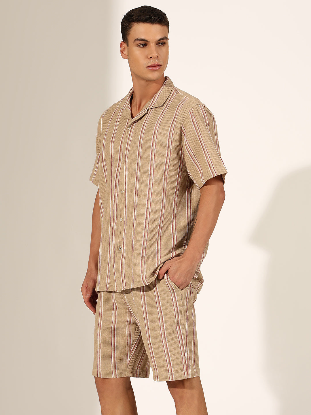 Men's Striped Beige Cuban Collar Shirt & Shorts Co-ord Set