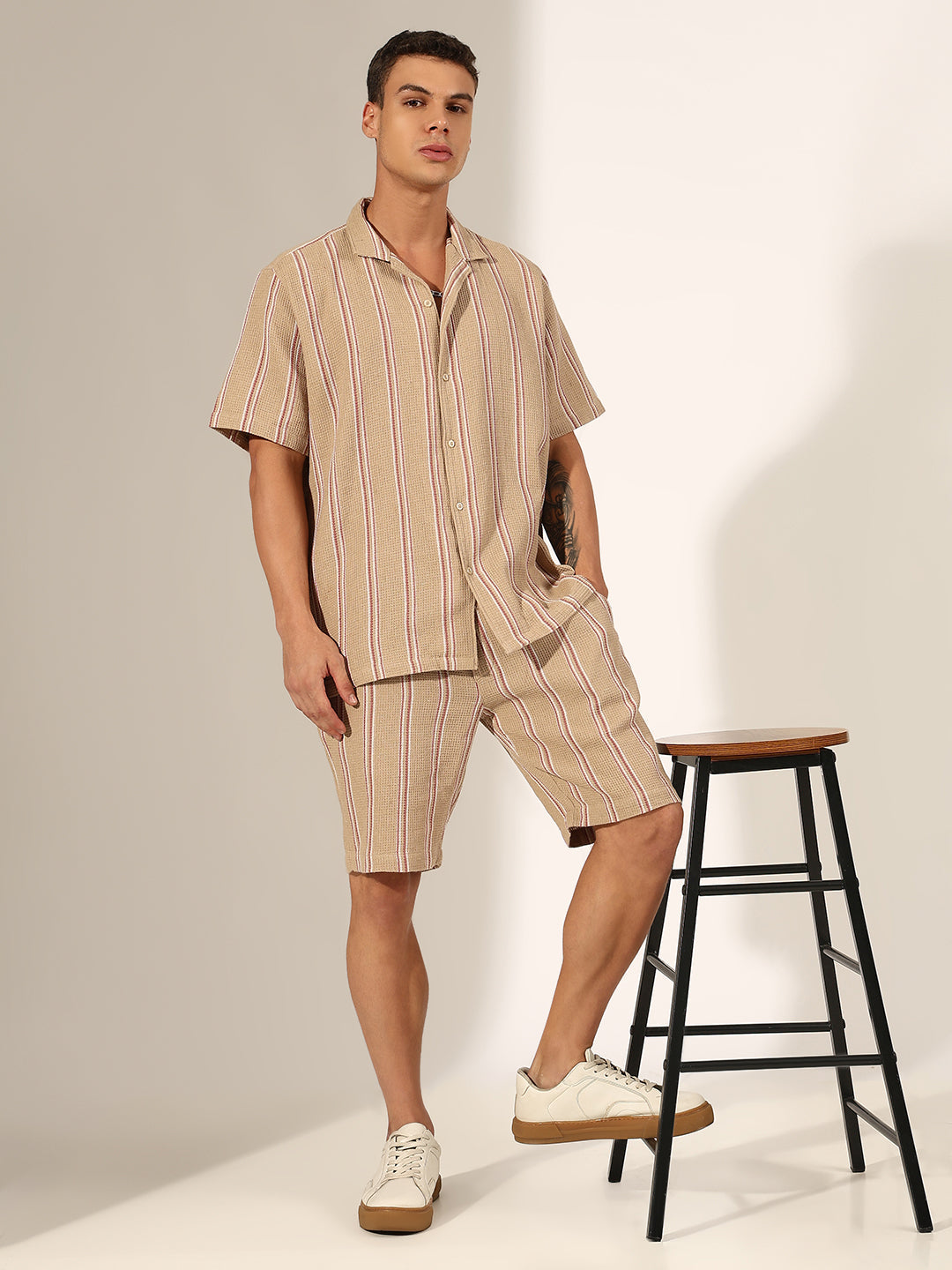 Men's Striped Beige Cuban Collar Shirt & Shorts Co-ord Set