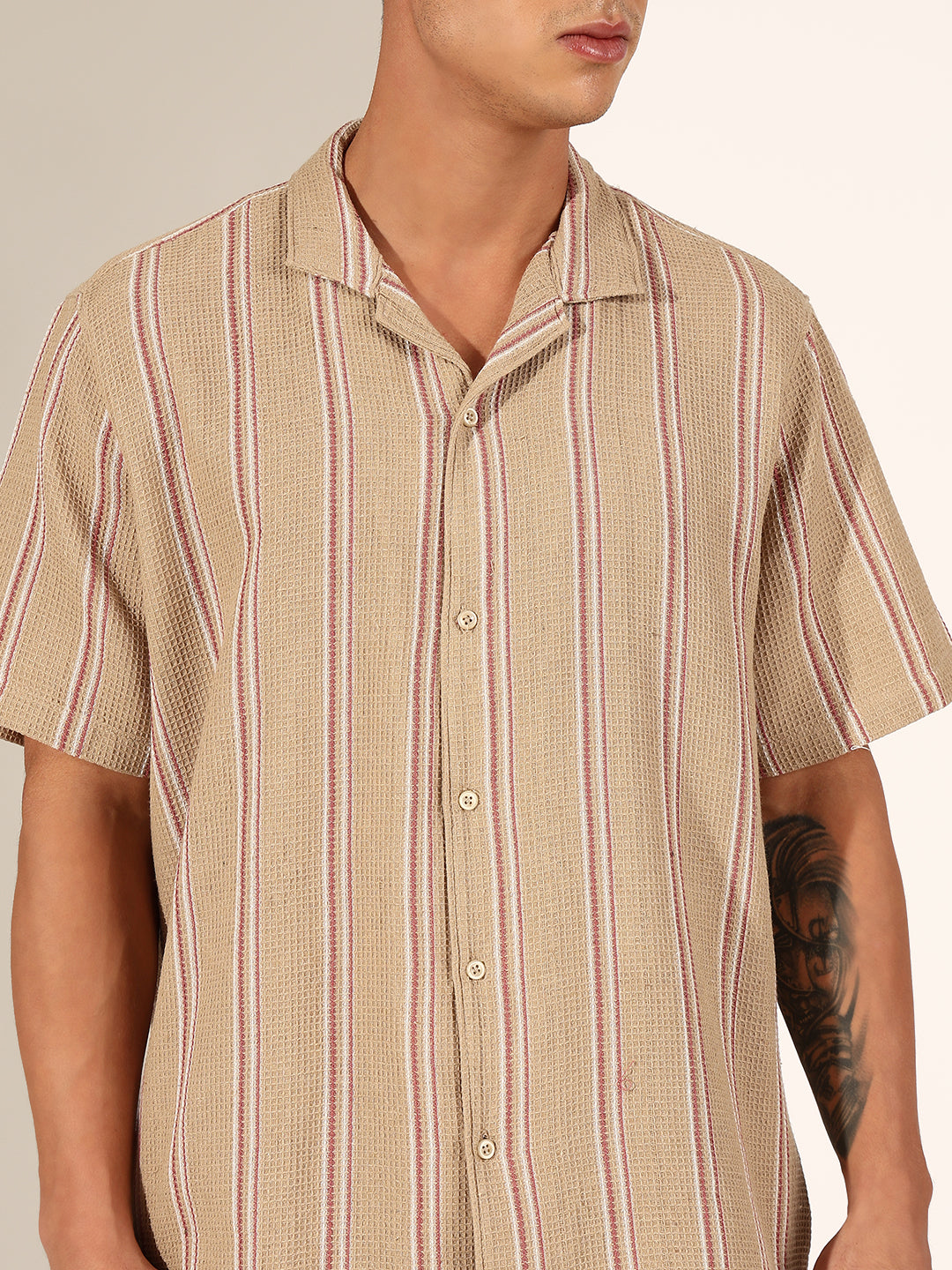 Men's Striped Beige Cuban Collar Shirt & Shorts Co-ord Set