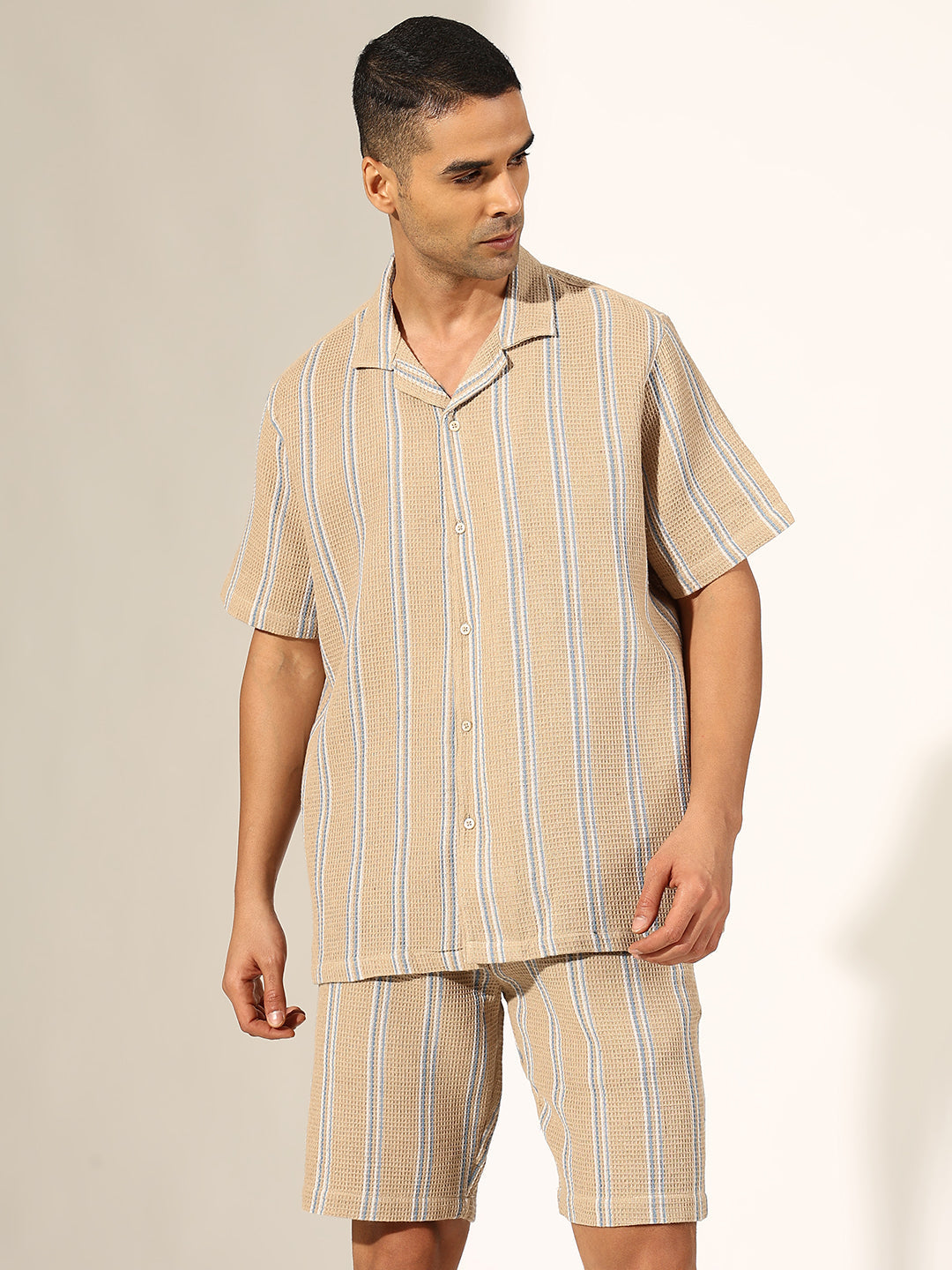 Men's Striped Beige Cuban Collar Shirt & Shorts Co-ord Set