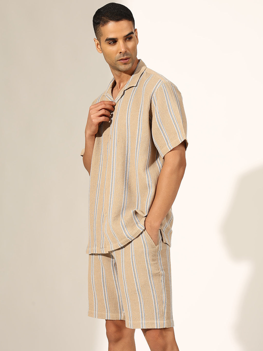 Men's Striped Beige Cuban Collar Shirt & Shorts Co-ord Set
