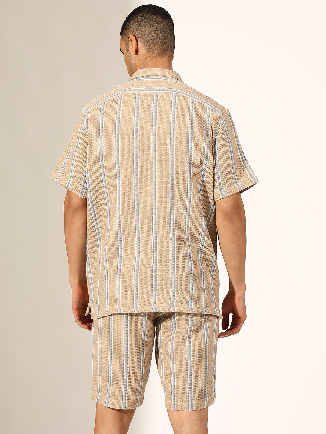 Men's Striped Beige Cuban Collar Shirt & Shorts Co-ord Set