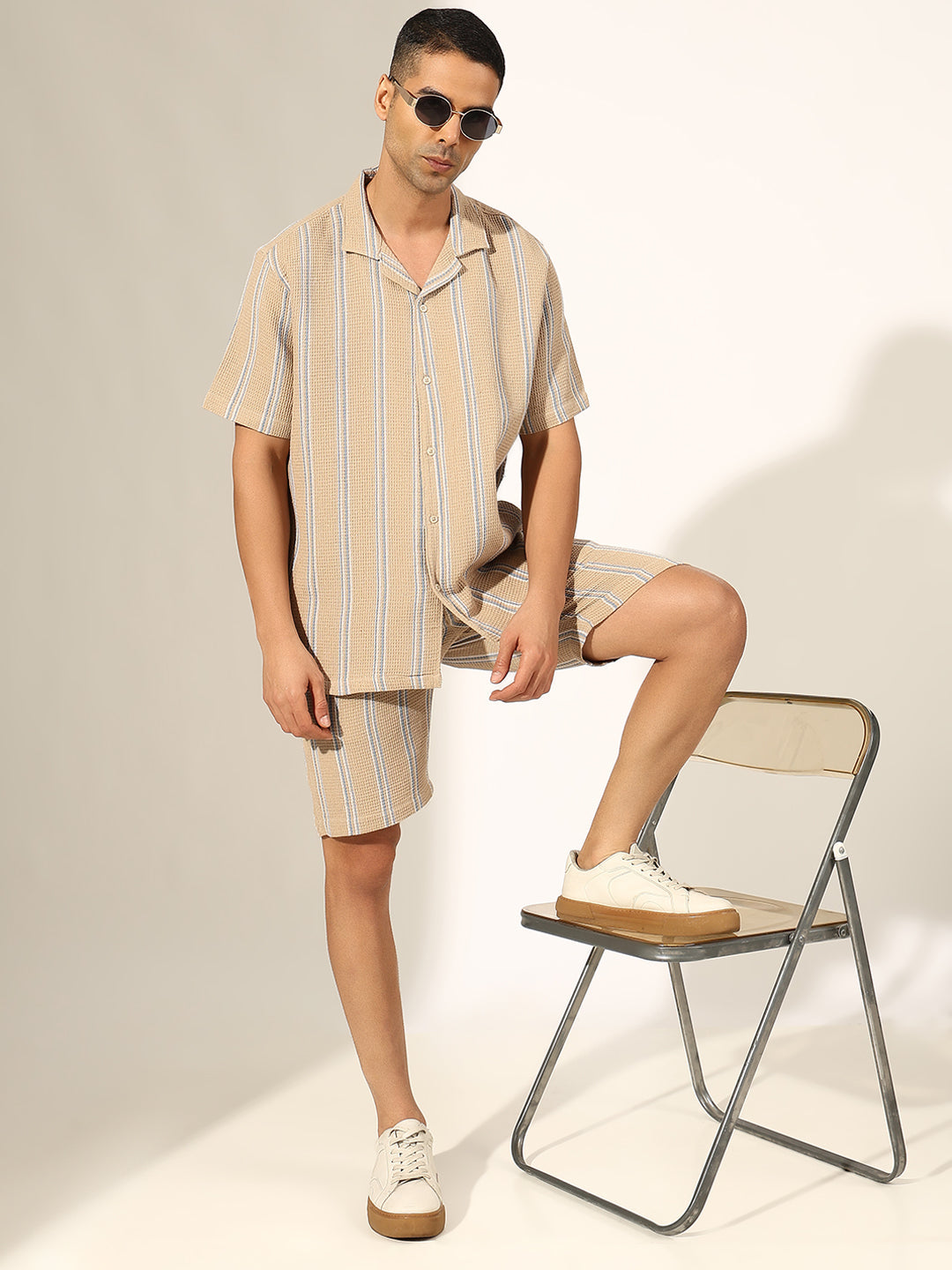 Men's Striped Beige Cuban Collar Shirt & Shorts Co-ord Set