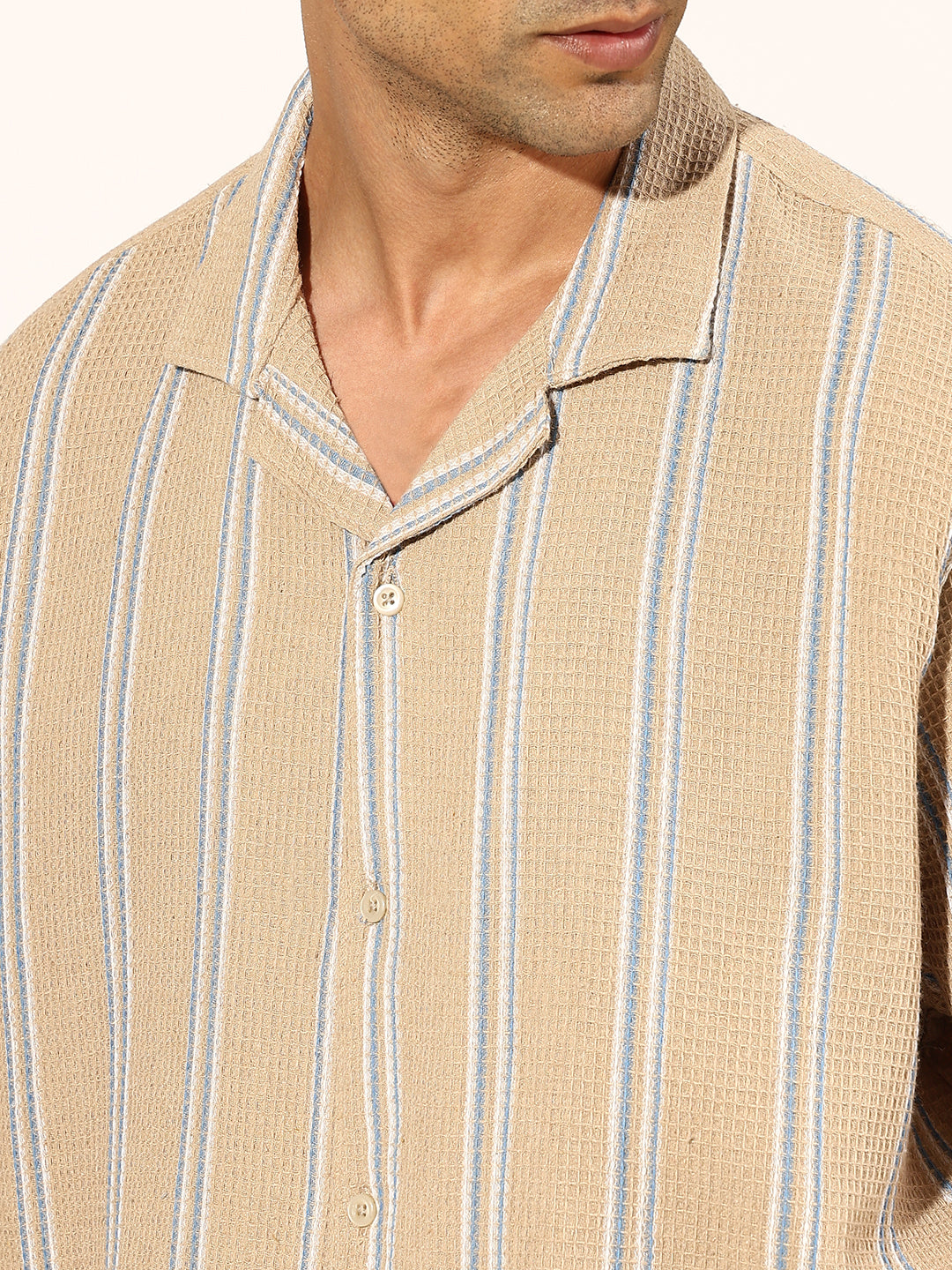 Men's Striped Beige Cuban Collar Shirt & Shorts Co-ord Set