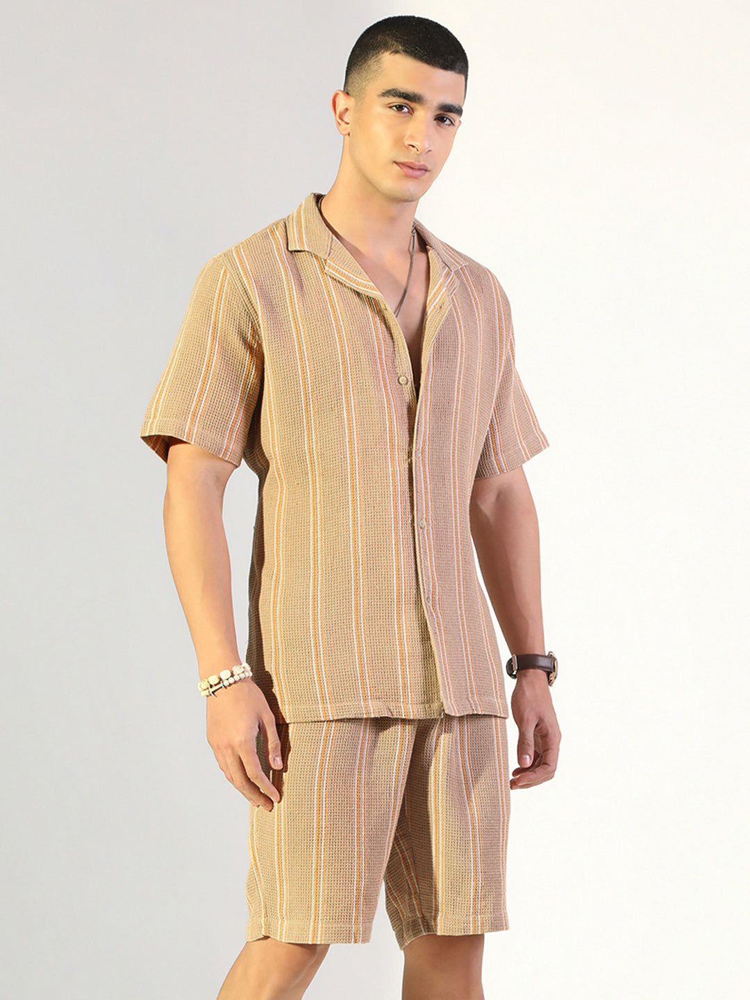 Men's Striped Beige Relaxed Fit Cuban Collar Shirt & Casual Shorts Co-ord Set