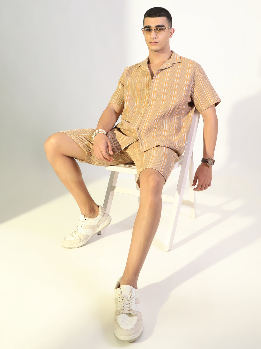 Men's Striped Beige Relaxed Fit Cuban Collar Shirt & Casual Shorts Co-ord Set