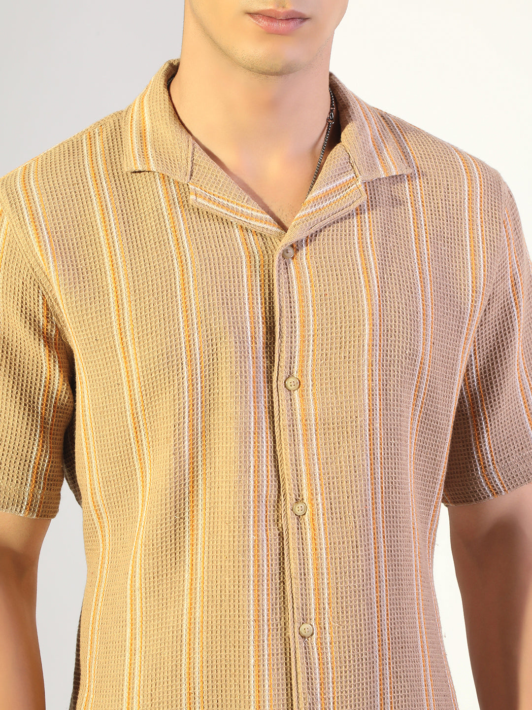 Men's Striped Beige Relaxed Fit Cuban Collar Shirt & Casual Shorts Co-ord Set