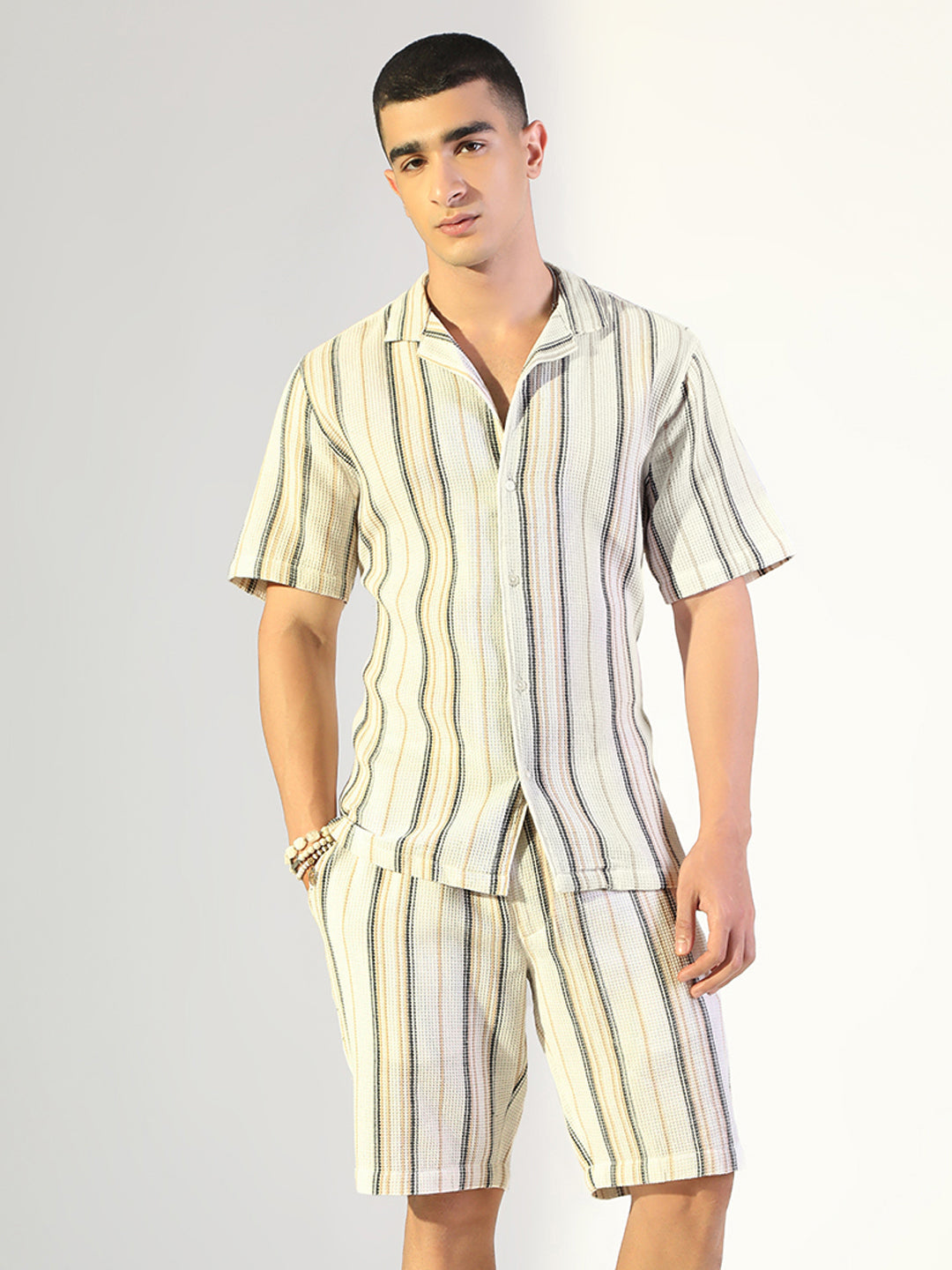Men's Striped White Relaxed Fit Cuban Collar Shirt & Casual Shorts Co-ord Set