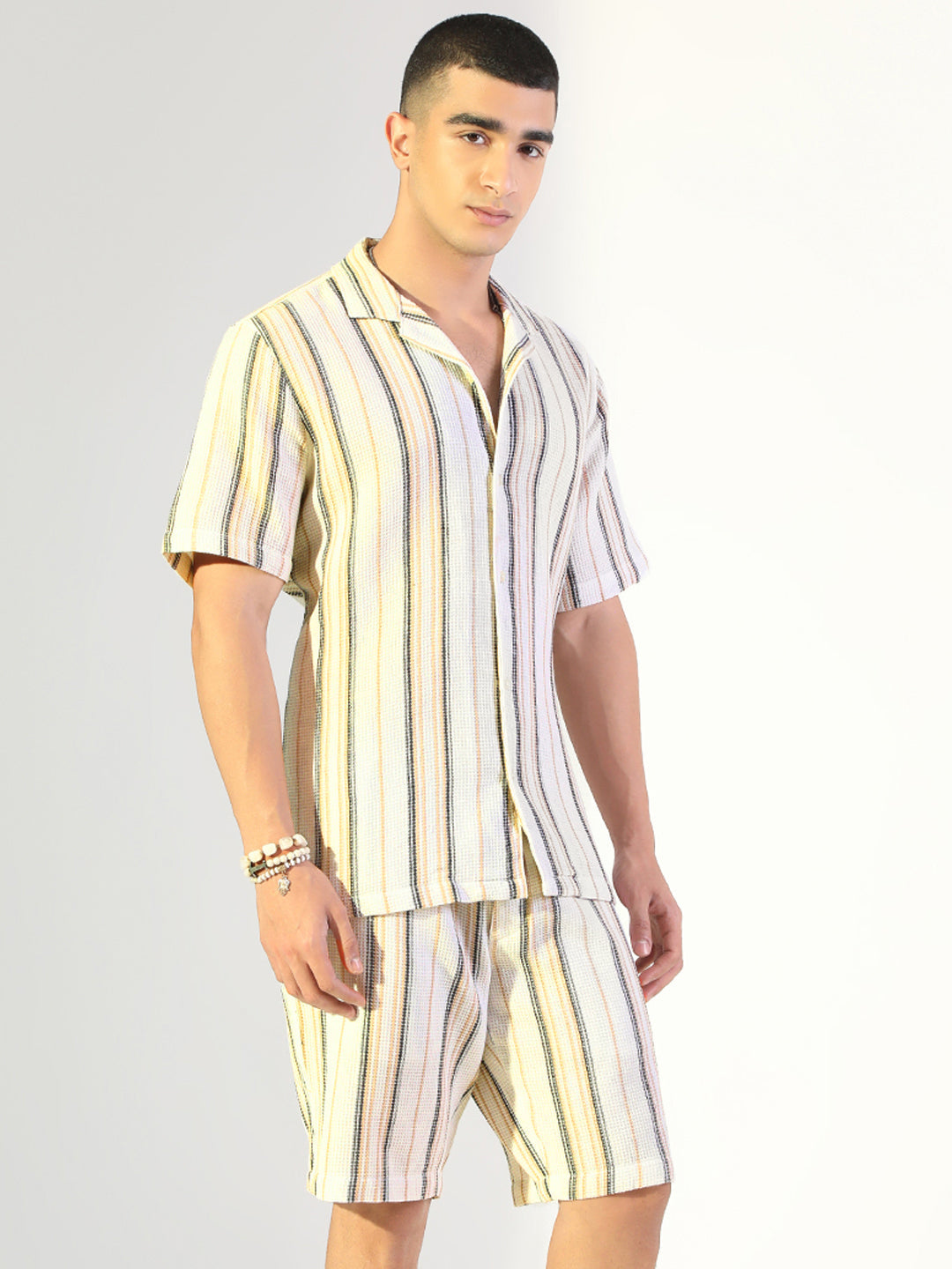 Men's Striped White Relaxed Fit Cuban Collar Shirt & Casual Shorts Co-ord Set