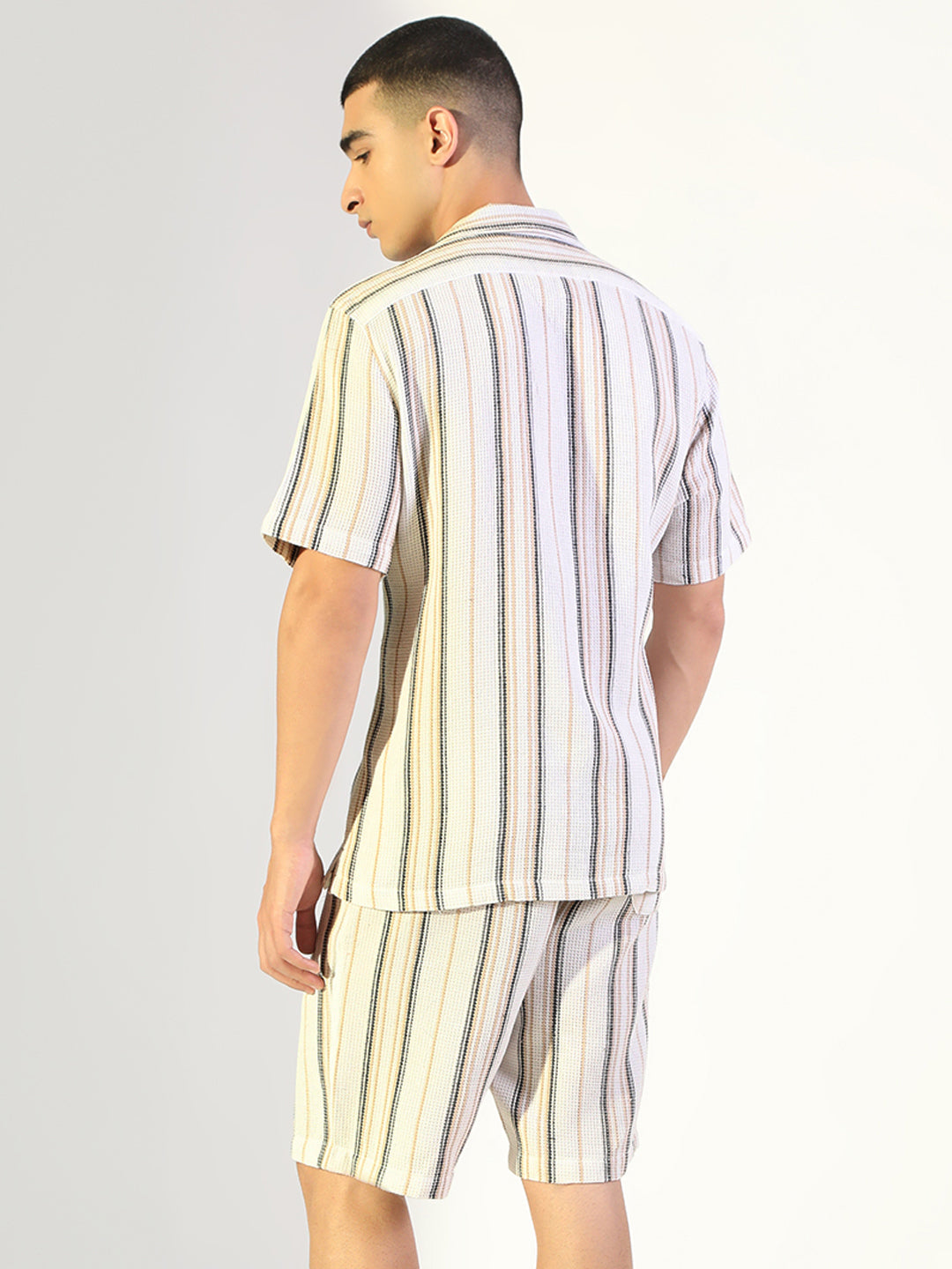 Men's Striped White Relaxed Fit Cuban Collar Shirt & Casual Shorts Co-ord Set