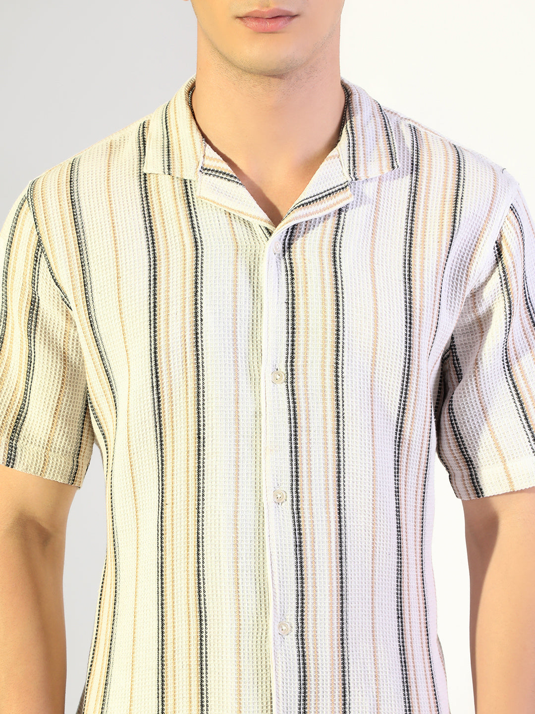 Men's Striped White Relaxed Fit Cuban Collar Shirt & Casual Shorts Co-ord Set