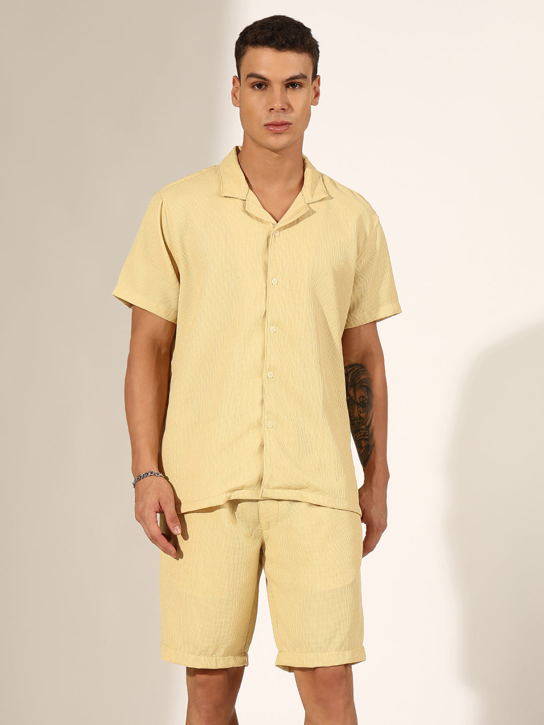 Men's Textured Yellow Cuban Collar Shirt & Shorts Co-ord Set