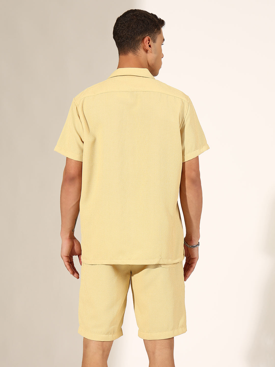 Men's Textured Yellow Cuban Collar Shirt & Shorts Co-ord Set