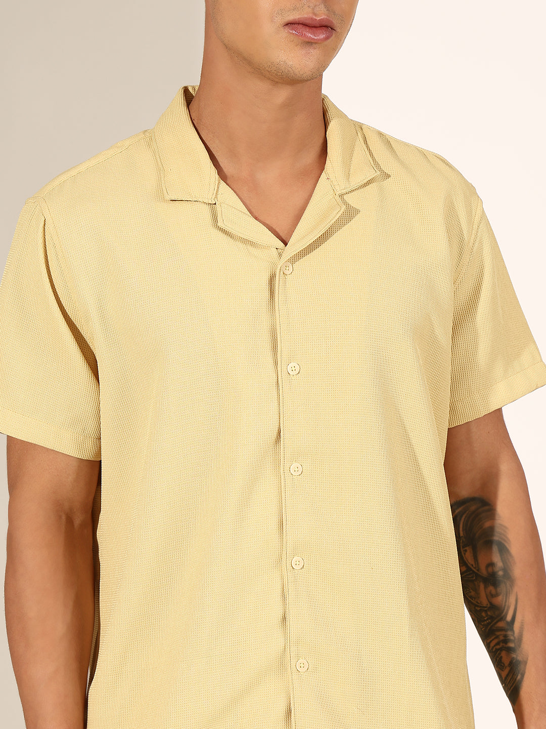 Men's Textured Yellow Cuban Collar Shirt & Shorts Co-ord Set