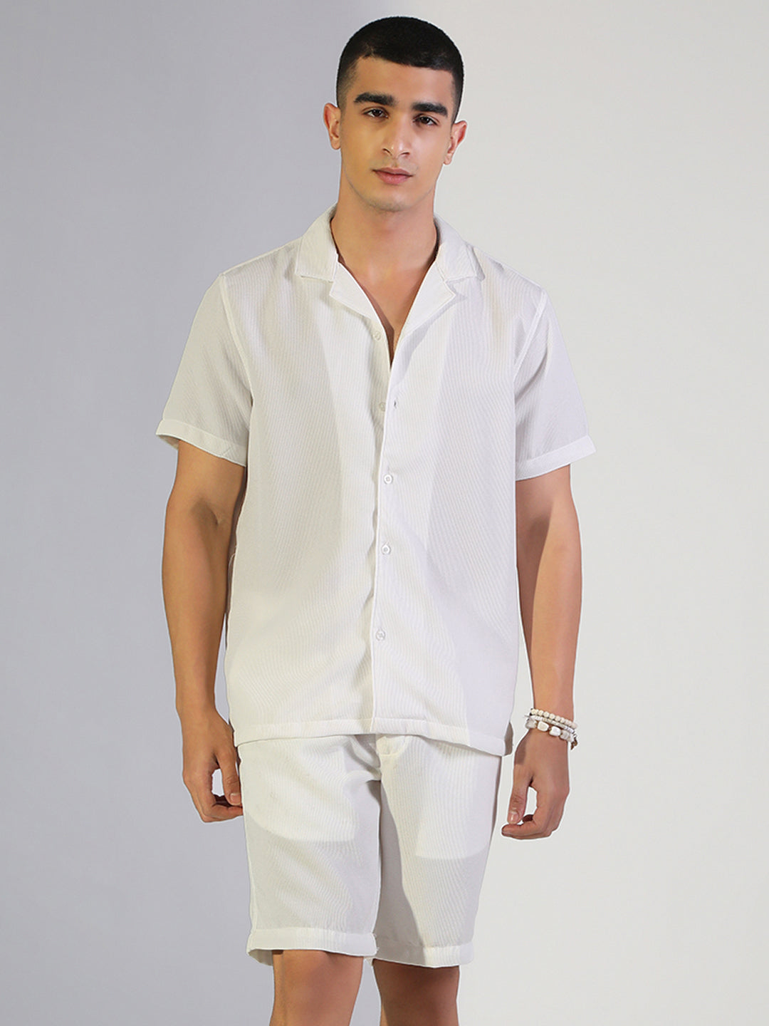 Men's White Relaxed Fit Cuban Collar Shirt & Casual Shorts Co-ord Set