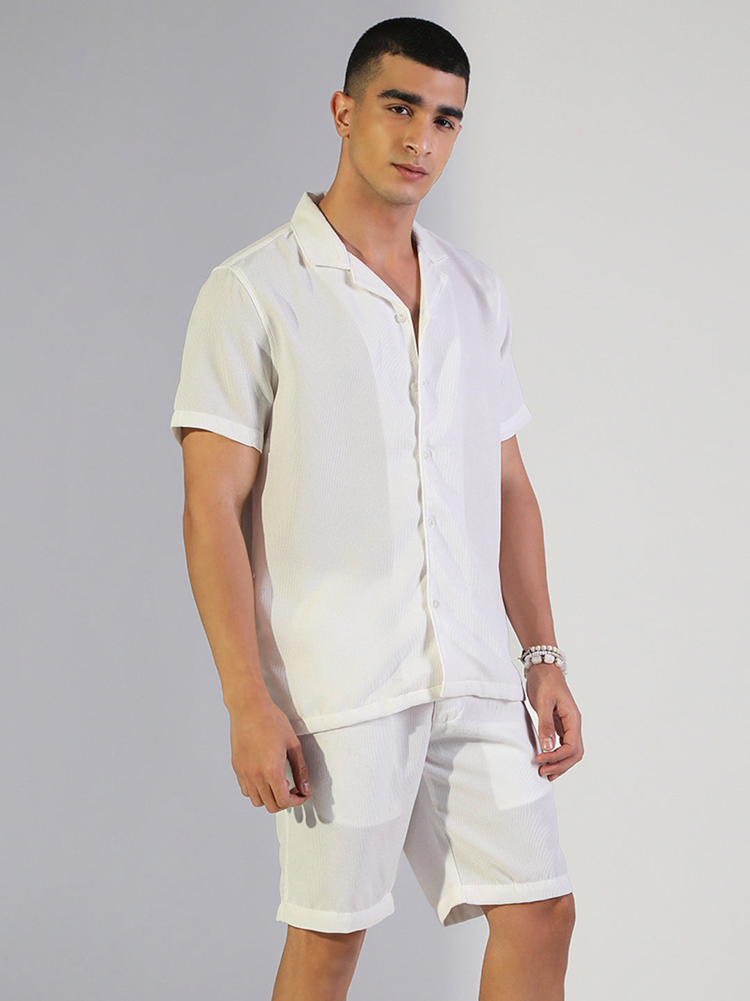 Men's White Relaxed Fit Cuban Collar Shirt & Casual Shorts Co-ord Set