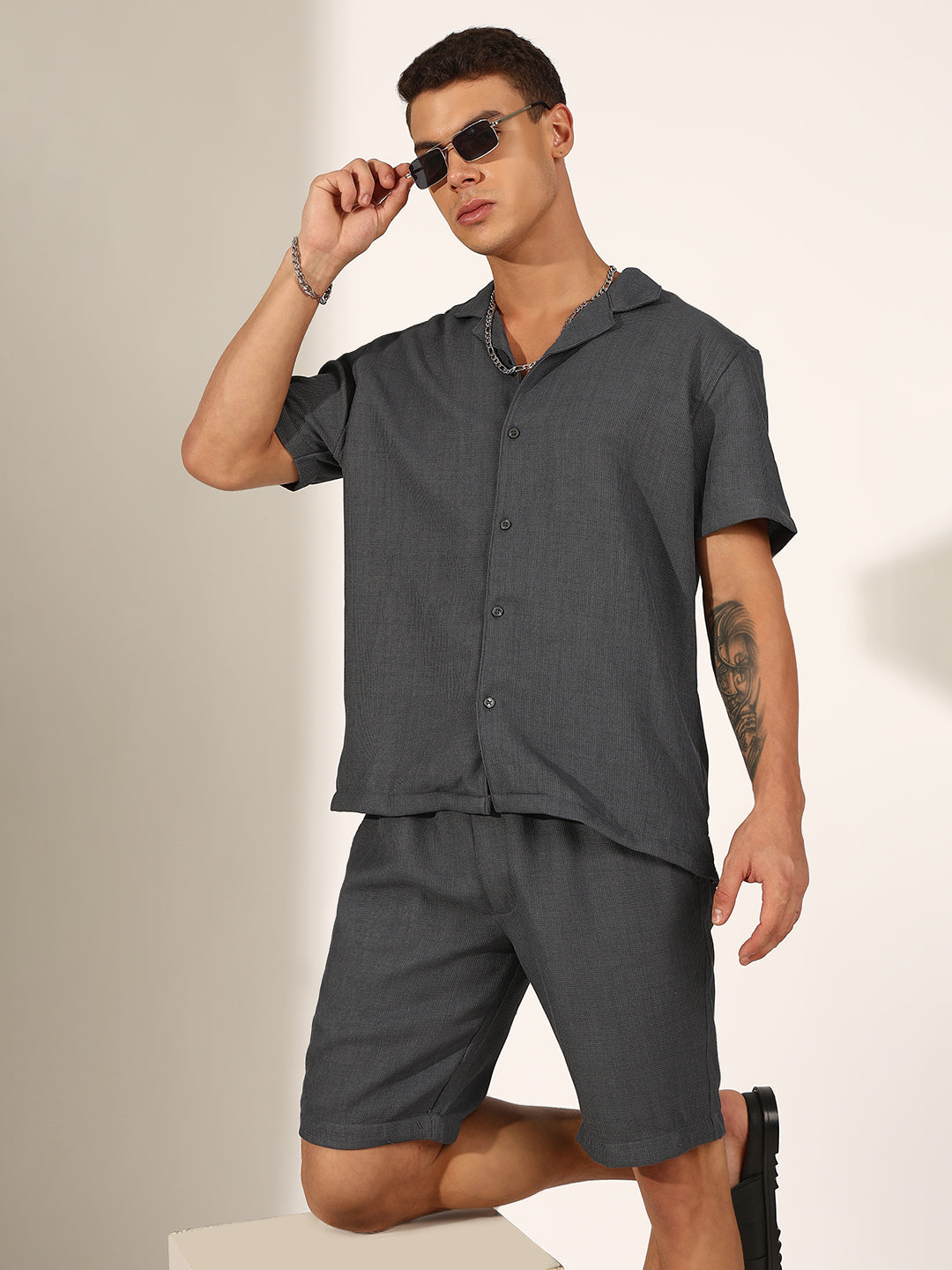 Men's Grey Cuban Collar Shirt & Shorts Co-ord Set