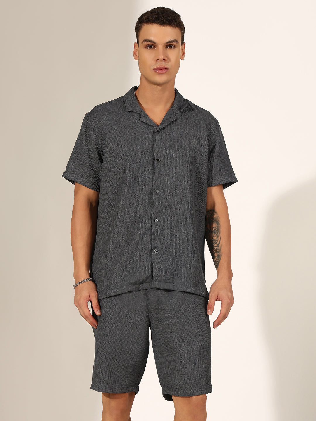 Men's Grey Cuban Collar Shirt & Shorts Co-ord Set