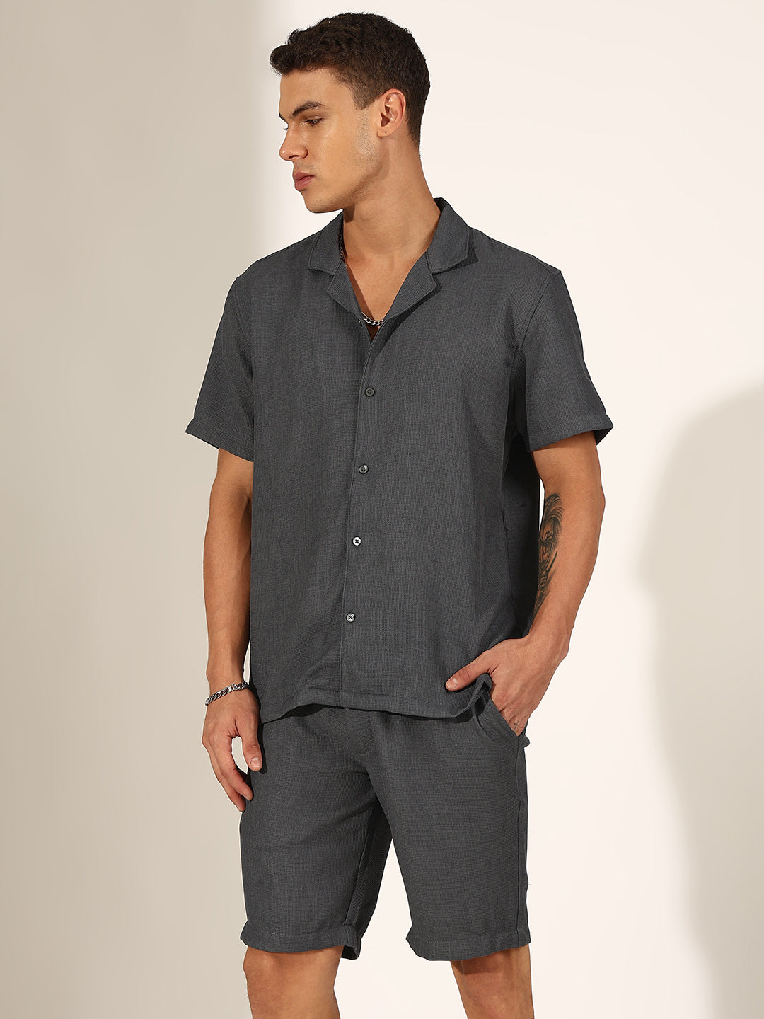 Men's Grey Cuban Collar Shirt & Shorts Co-ord Set
