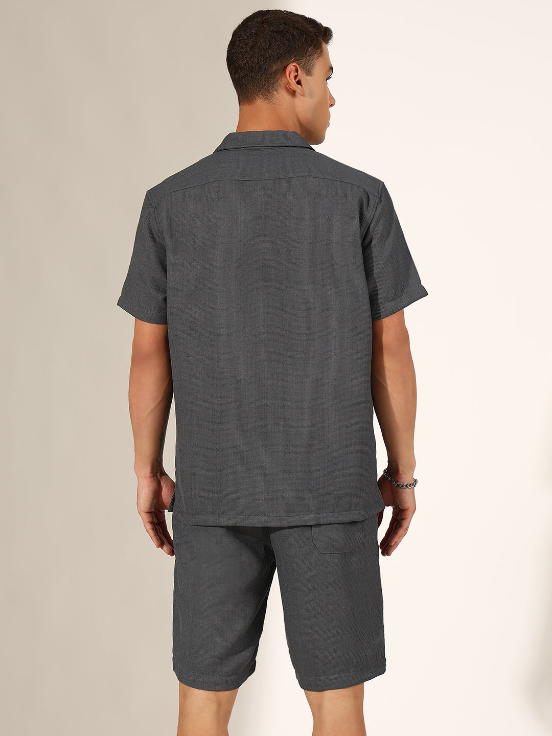 Men's Grey Cuban Collar Shirt & Shorts Co-ord Set